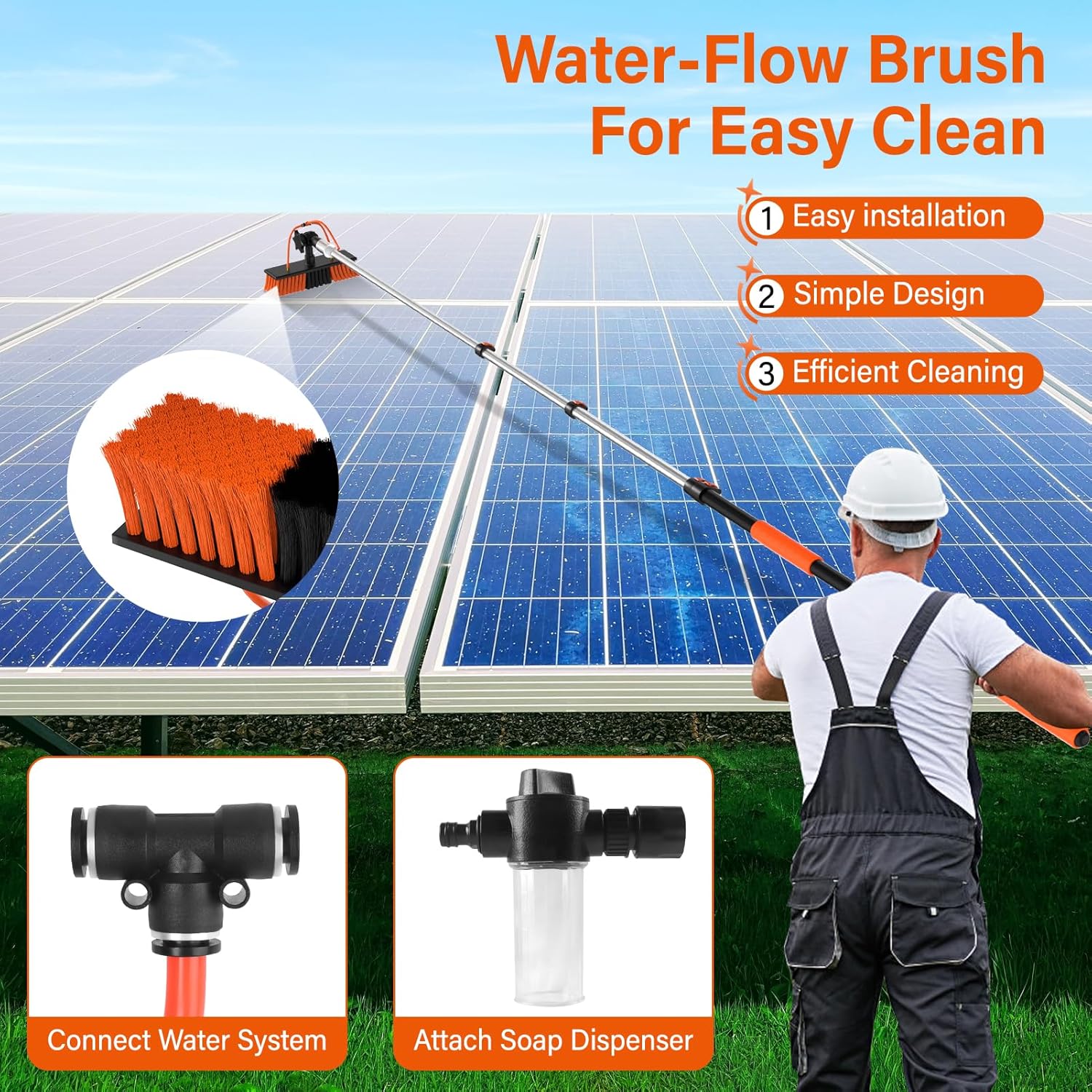 20FT Water Fed Solar Panel Cleaner Brush and Pole,Solar Panel Cleaning Kit with Telescopic Pole & Cleaner Solution Dispenser,180°Rotatable Solar Cleaning Brush with Lightweight Pole for RV,Boat,Deck