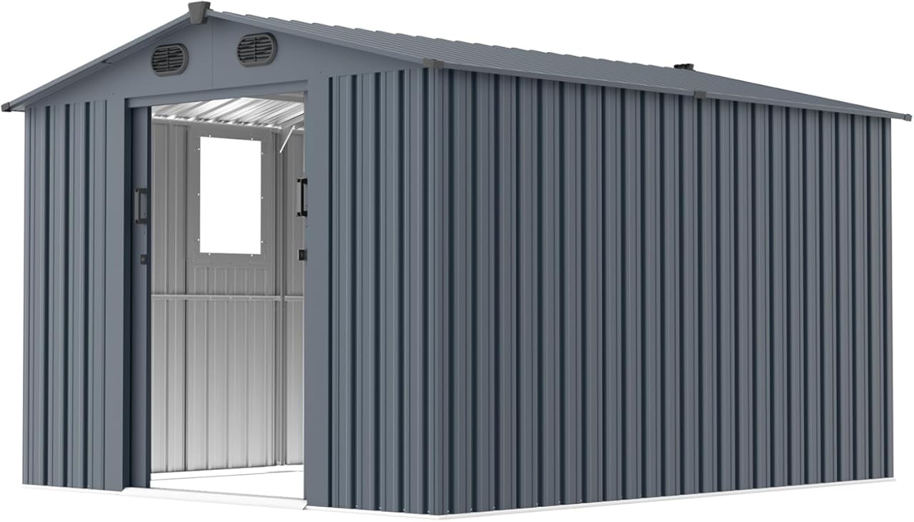 8x10 FT Outdoor Storage Shed with Window and Lockable Doors, Large Water Resistive Metal Garden Tool Shed, Vertical Storage Cabinet for Backyard Patio Lawn Dark Grey
