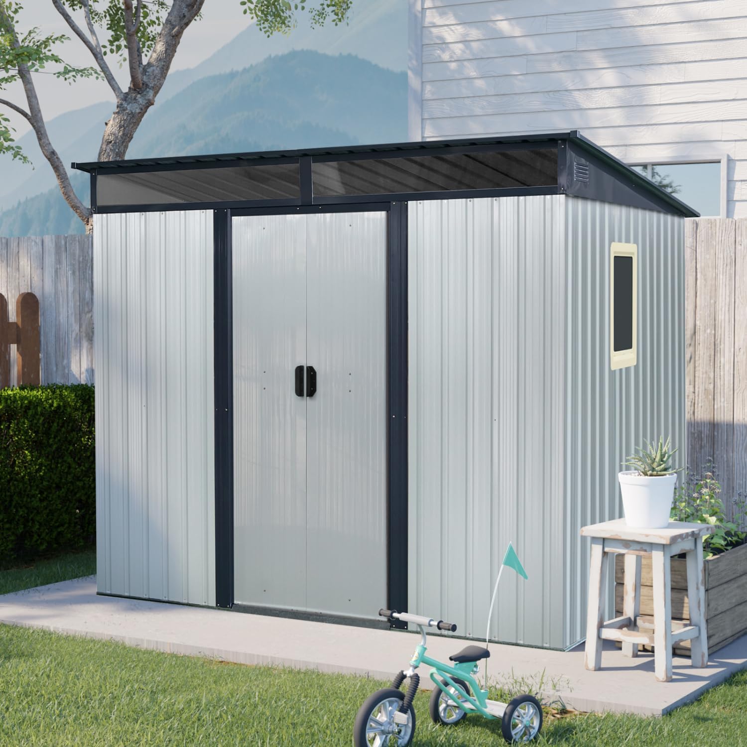 8 ft x 6 ft Outdoor Metal Storage Shed with Window and Transparent Panel for Garden, Lawn (White and Black)
