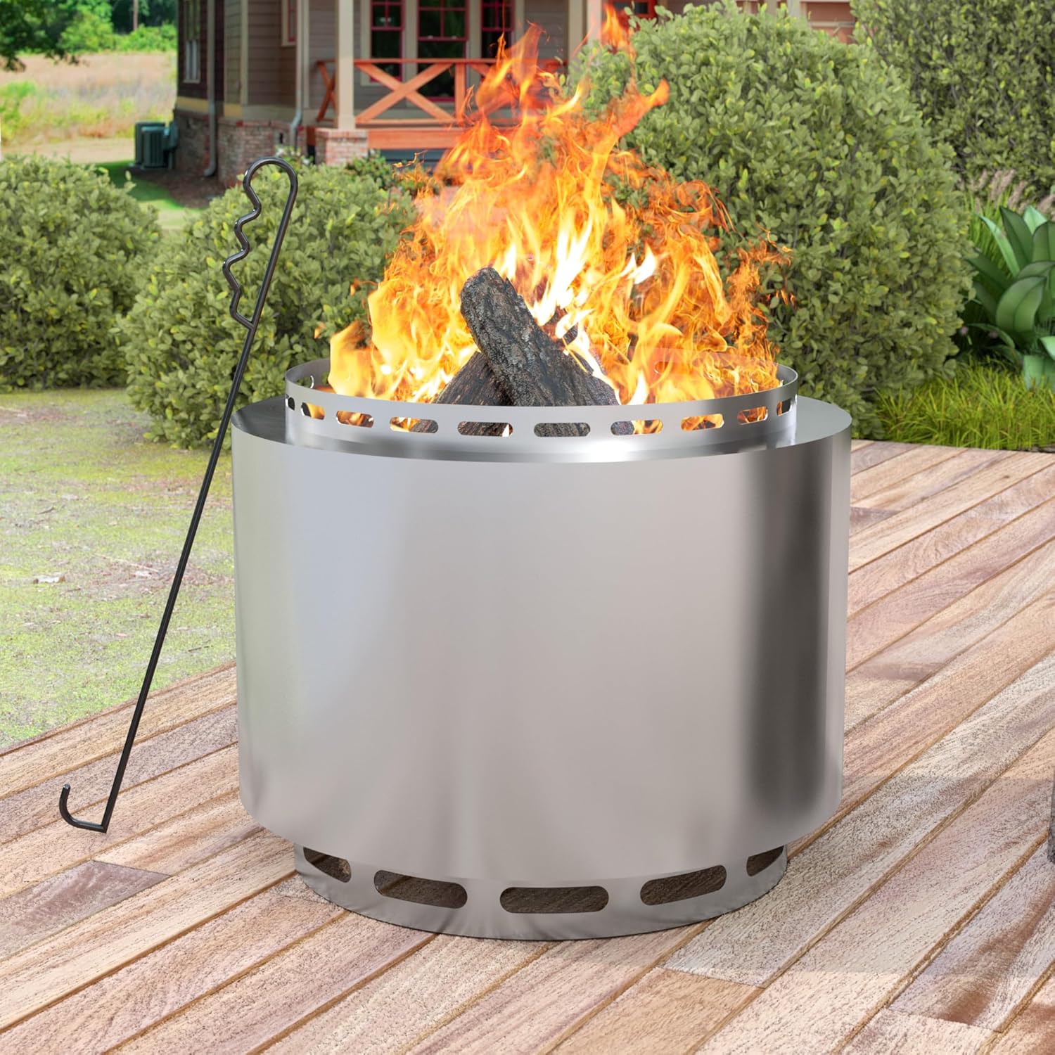19 Inch Smokeless Firepit Outdoor with Fire Hook, Wood Burning Portable Fire Pit Stainless Steel for Backyard Patio Garden Picnic Camping (Silver)