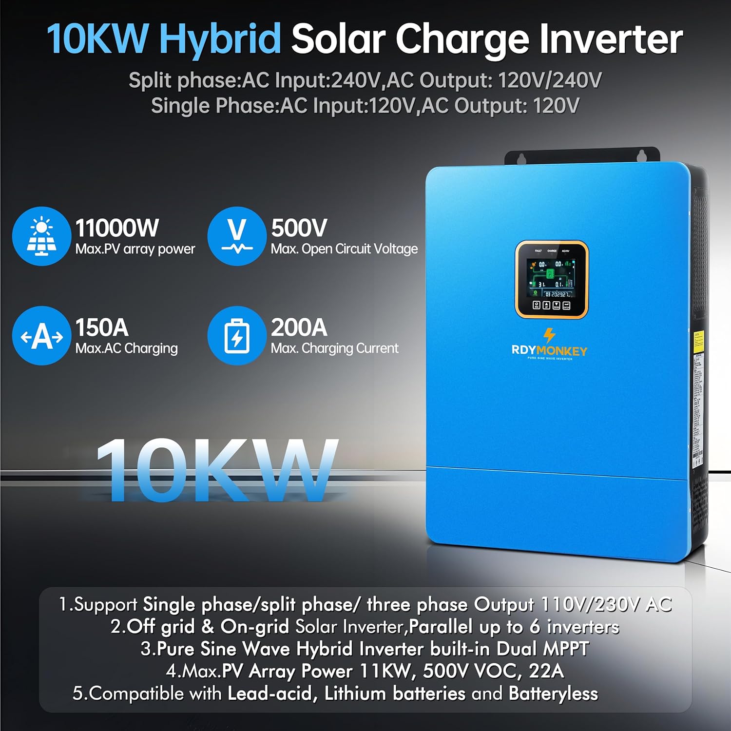 ZLPOWER UL1741 10KW 48V Off-Grid Solar Inverter, AC Input/Output 120V/240V(settable),Built-in 2 MPPT Solar Controllers, Max 200A Battery Charging Inverter Charger(Parallel/WiFi/BMS COMM), Batteryless
