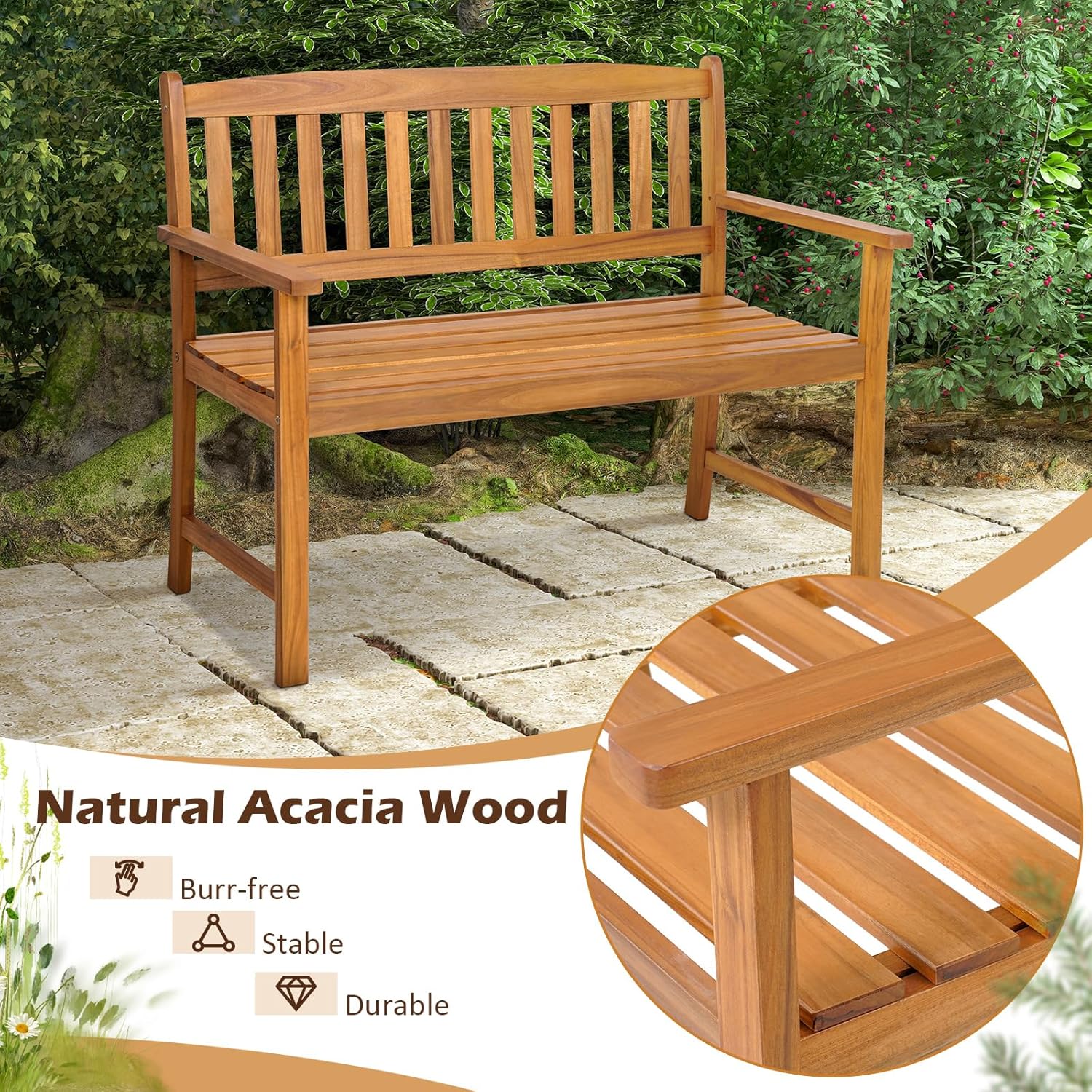 Tangkula Outdoor Acacia Wood Bench, 2-Person Garden Bench with Backrest and Armrests, Garden Bench with Slatted Seat for Porch, Park, Backyard, 800 Lbs Max Load, 43” L x 22” W x 34” H, Natural