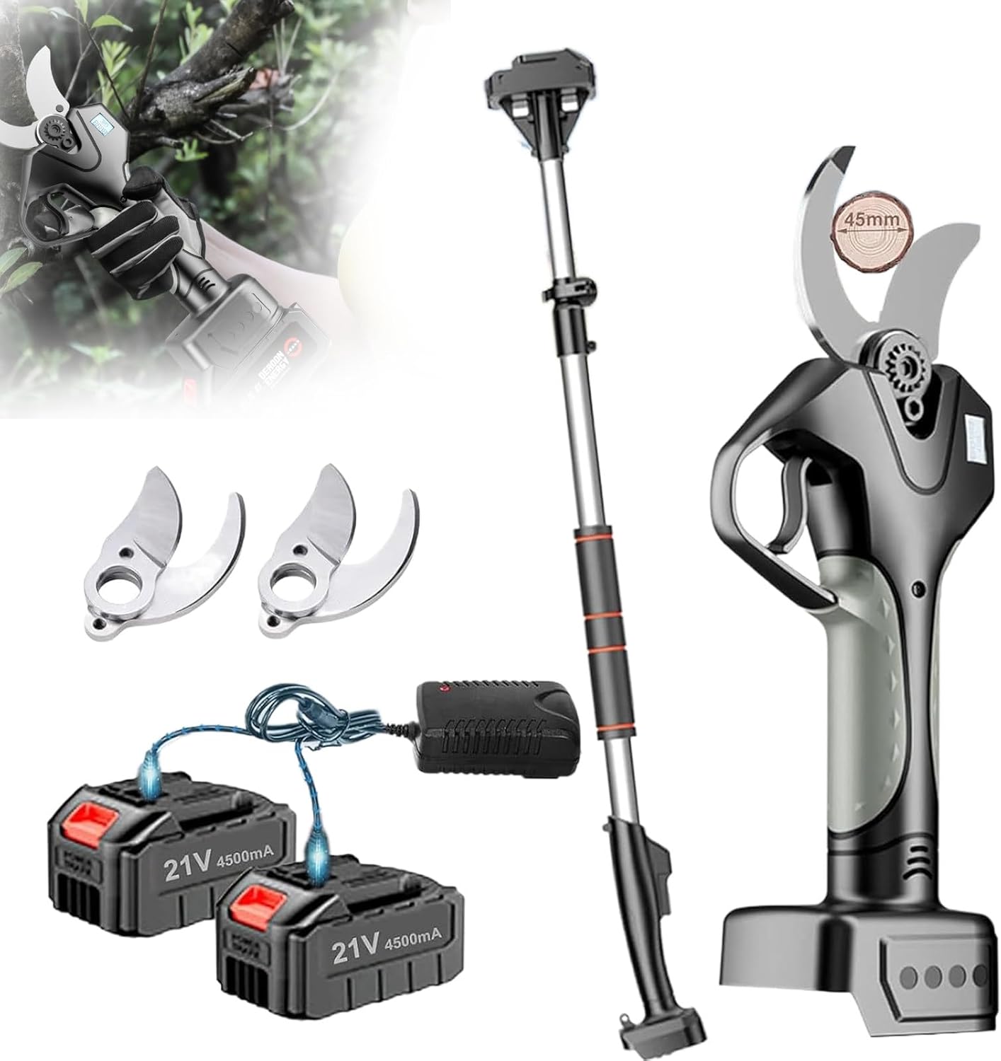 Professional Cordless Electric Garden Pruning Shears 40mm Cutting Rust-Proof Garden Pruning Shears with Maximum Extension of 210cm for Gardens Parks Farms Greenhouse,2batteries