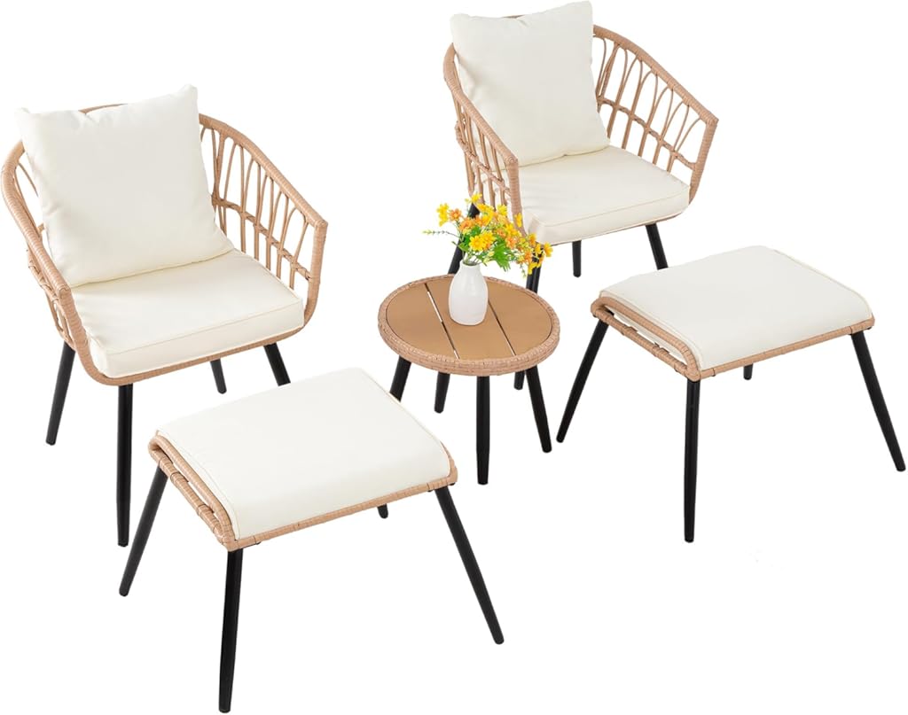 FHFO 5 Piece Outdoor Patio Furniture Set, Patio Bistro Set with Ottoman, Balcony Furniture Wicker Chairs and Round Table for Garden, Porch, Backyard, Poolside,Natural-Beige