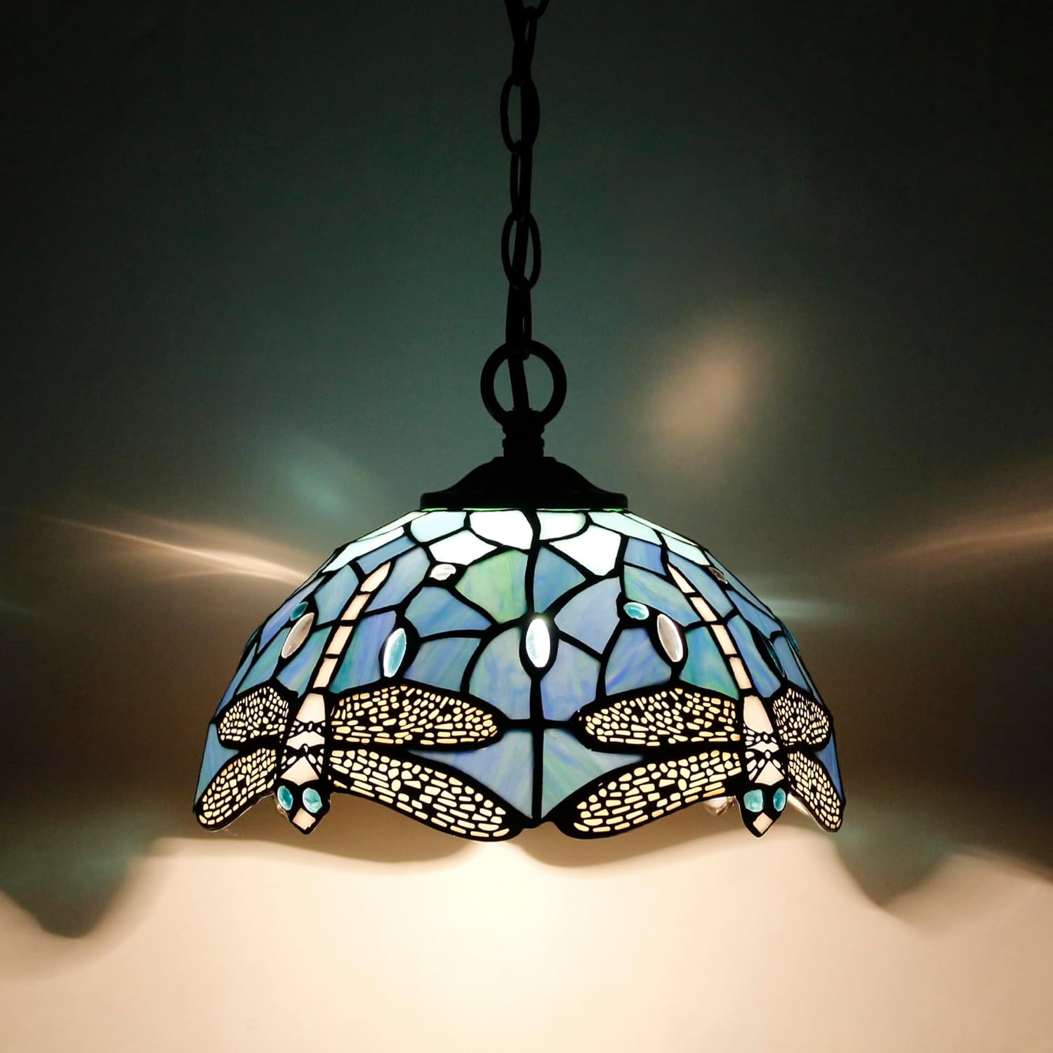 Tiffany Pendant Light Plug in Stained Glass Hanging Lamp Wide 10 Inch, Chain 33 Inch, Cord 15 Feet (Sea Blue Dragonfly)