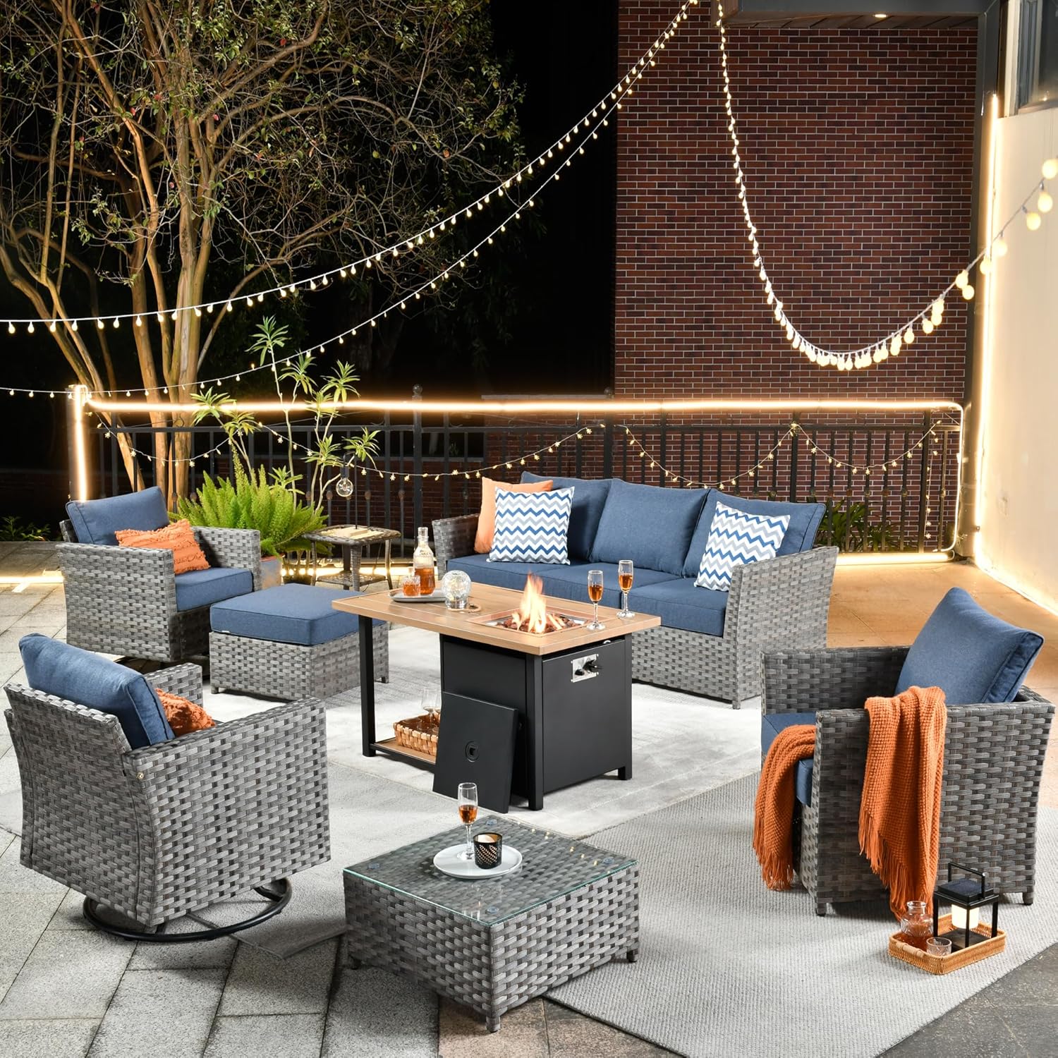 10 Pieces Outdoor Furniture Set,Sectional Sofa with Double Layer Fire Pit Table and Rocking Chairs,PE Wicker Rattan Patio Conversation Sets