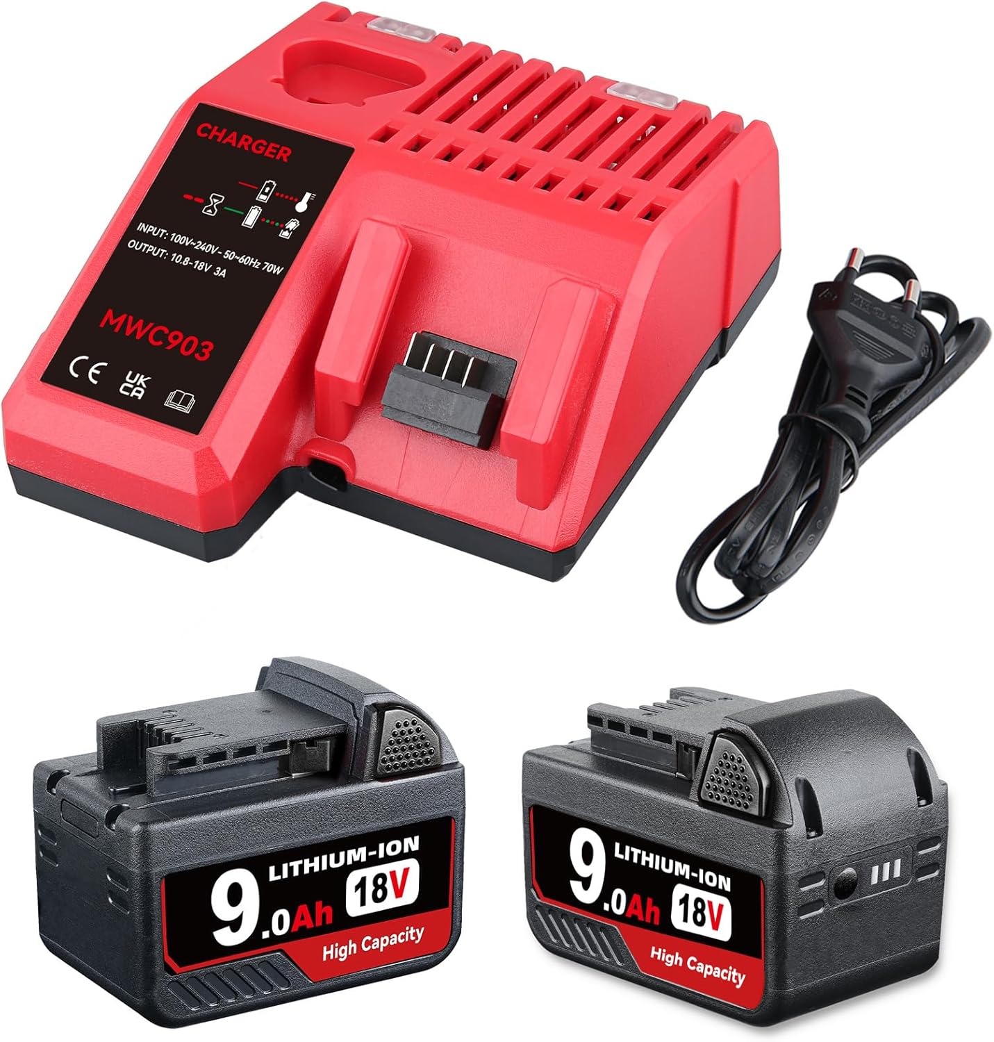 2Pack 9000mAh 18V Li-ion Replacement for Milwaukee 18V Battery and M-12-18C 3A Charger Replace for Milwaukee Battery Charger for Power Tool