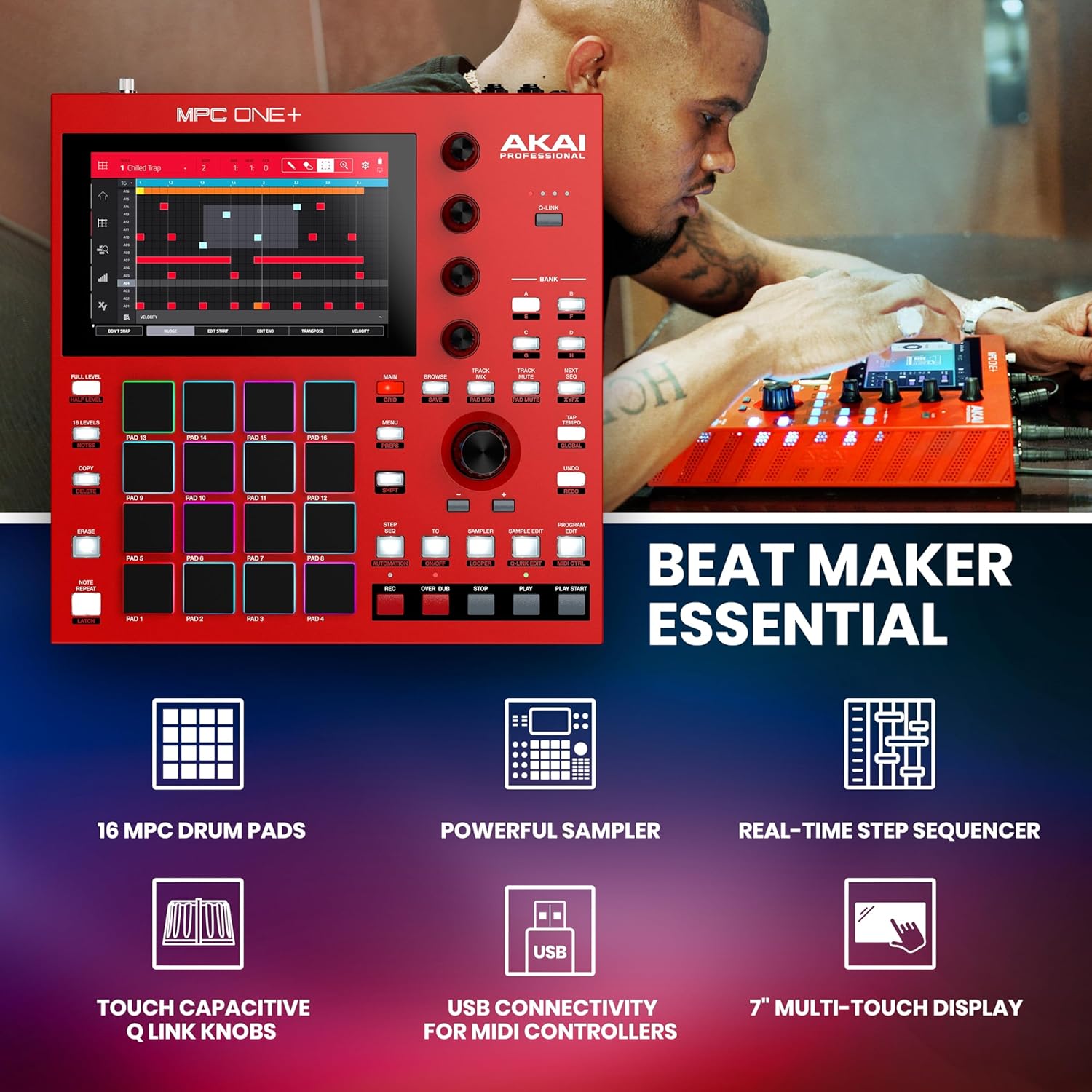 Akai Professional MPC One+ Standalone Drum Machine, Beat Maker and MIDI Controller with WiFi, Bluetooth, Drum Pads, Synth Plug-ins, Touchscreen, and Native Instruments Integration
