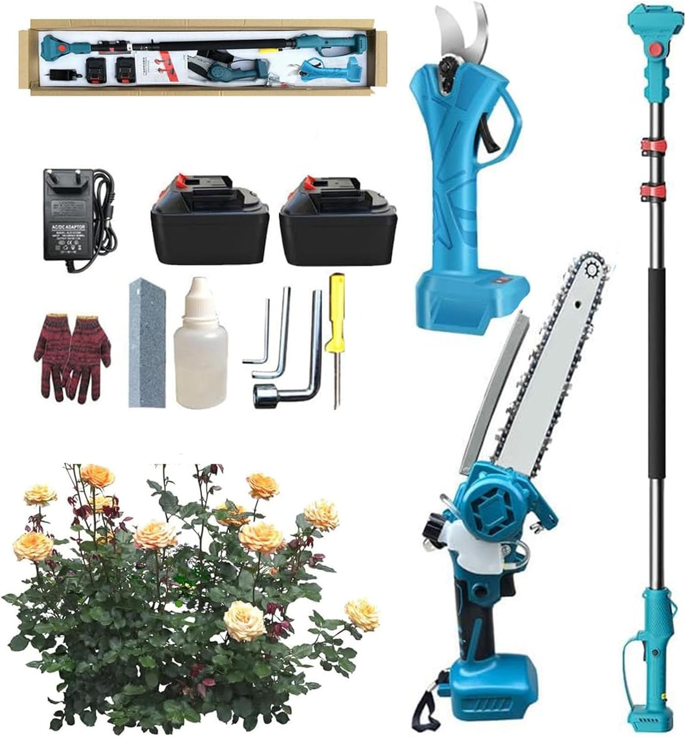 4 in 1 Cordless 8 inch Pole Saw &Pruning Shears with 2 * 1.3Ah Battery, Power Electric Polesaw,1.25-2.2m telescopic pole, Tree Trimmer Limb Branch Cutter Pruner