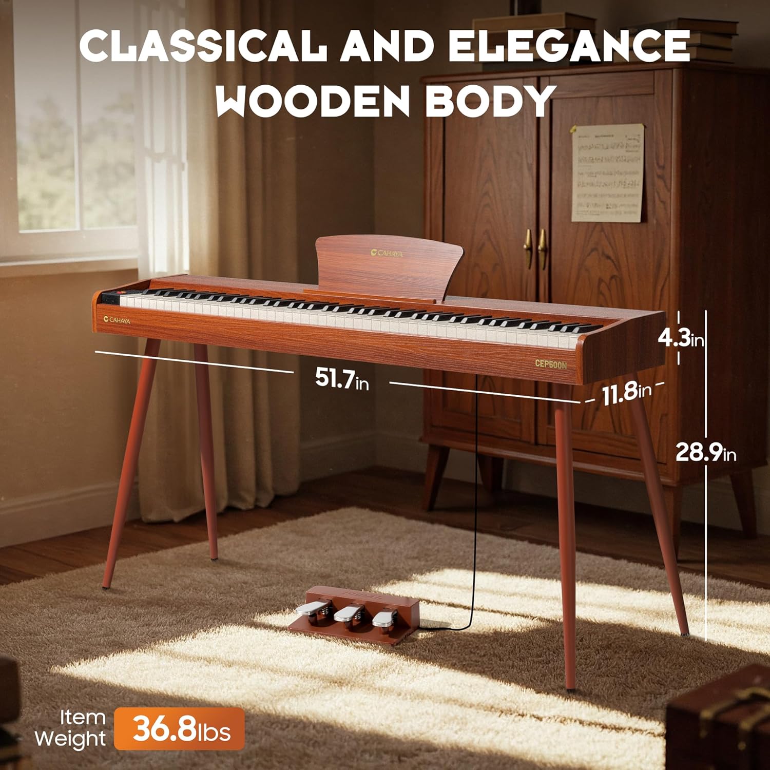 CAHAYA Digital Piano 88 Key – Full-Size Weighted Electric Piano Keyboard with Wooden Body, 380 Sounds, Triple Pedal, USB-MIDI, Ideal Xmas & Holiday for Beginners & Adults