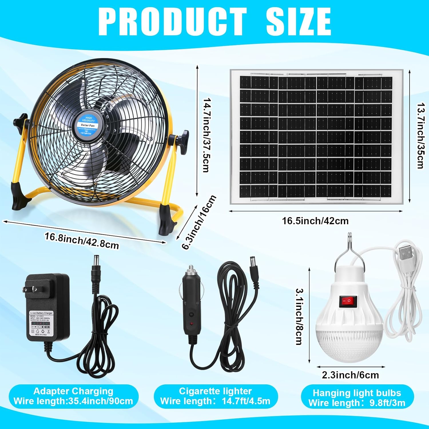 Sumind 12 Inch Solar Powered Fan 15000mah 20w Portable Ventilador Rechargeable Camping Fan Battery Powered with Panel and Light for Outside, Home, Travel, Chicken Coop, Shed, Greenhouse
