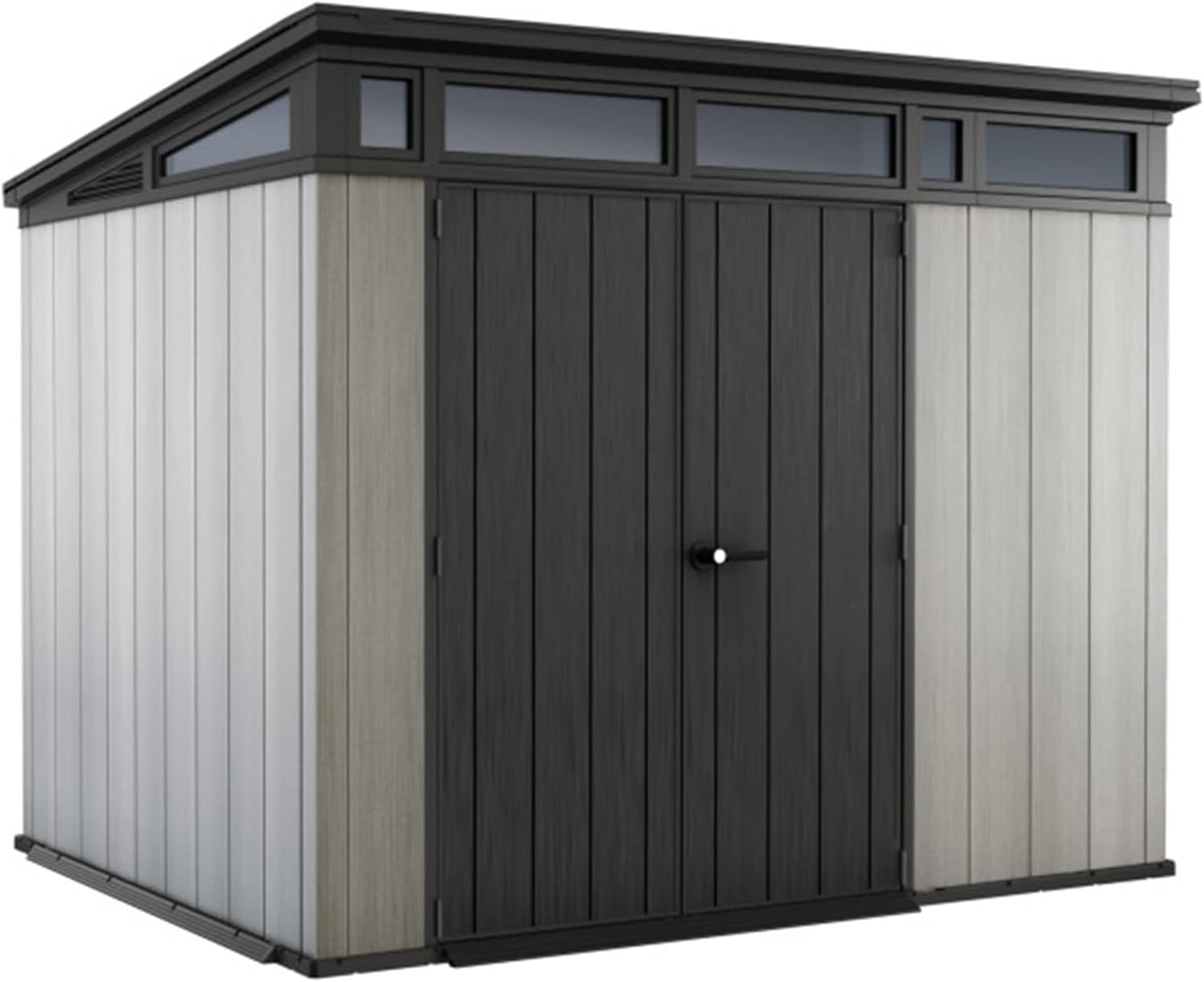 Keter Artisan 9x7 Foot Large Outdoor Shed with Floor with Modern Design for Patio Furniture, Lawn Mower, Tools, and Bike Storage, feet, Grey/Black