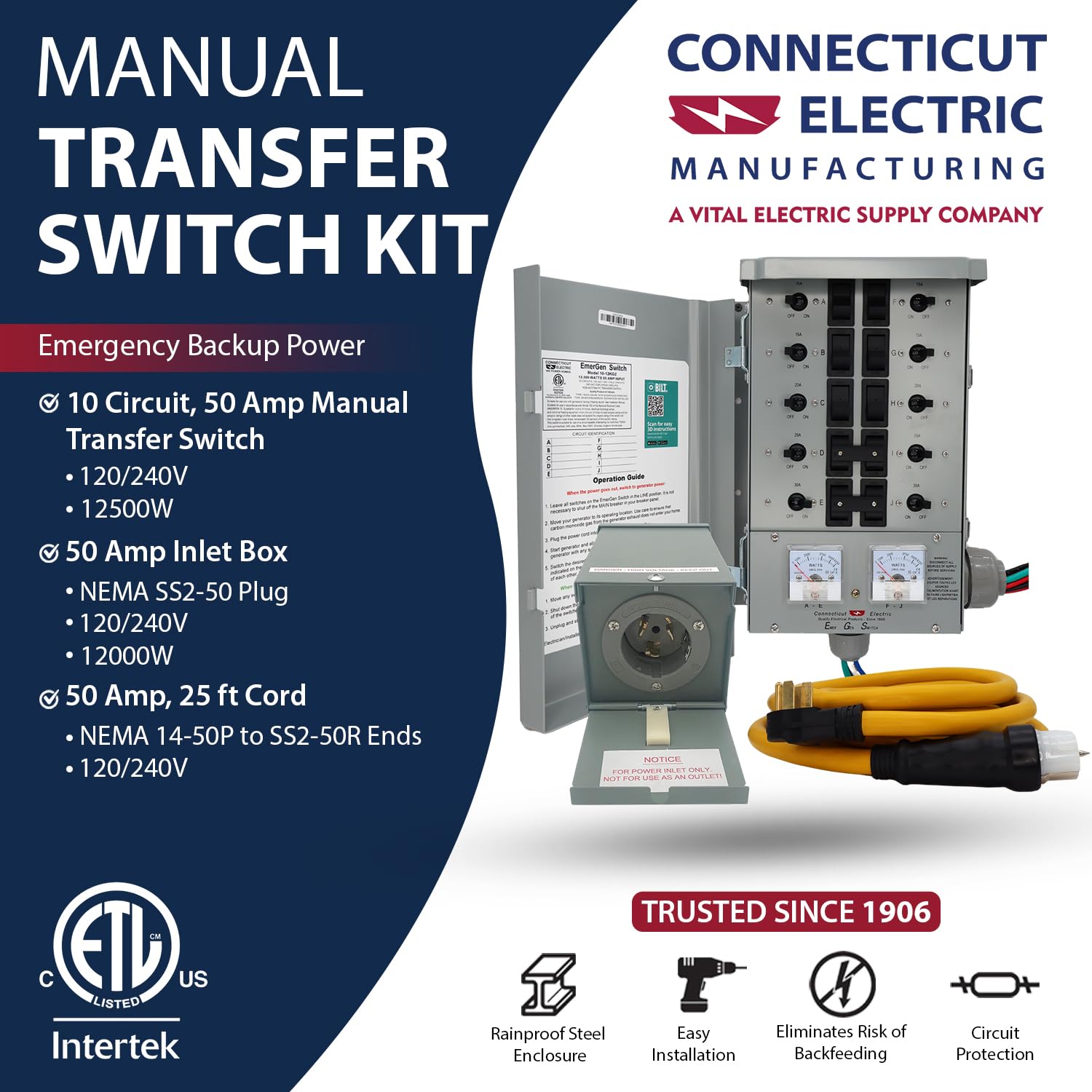 Connecticut Electric Series 2 Backup Power Manual Transfer Switch Kit, 50 Amp, 10 Circuits, with 25' Cord & Outdoor Rated 50A Inlet (Transfer Switch Kit - 25 ft Cord)