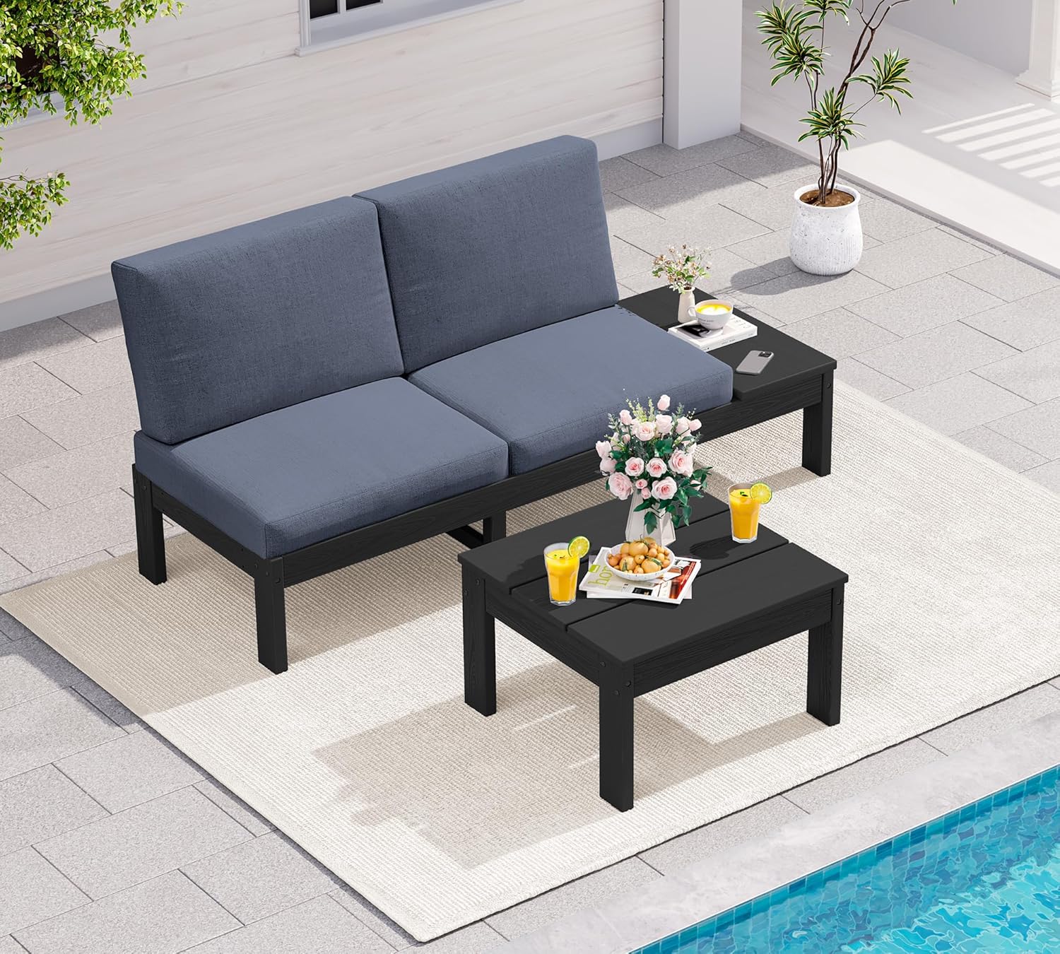 SERWALL HDPE Outdoor Furniture Set, Loveseat and Coffee Table, All Weather Patio Sofas, Seats 2, Outdoor Sectional Sofa for Backyard, Balcony, Black Frame with Grey Cushion