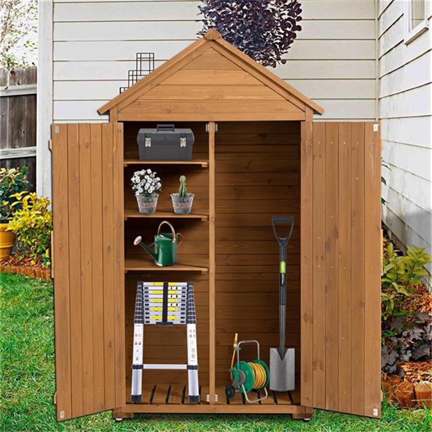 Multifunctional Storage Cabinet can Store Gardening Tools, Household Items, etc. Outdoor Storage Cabinet, Garden Wooden Tool shed, Outdoor Wooden shed Closet with Shelves and latches