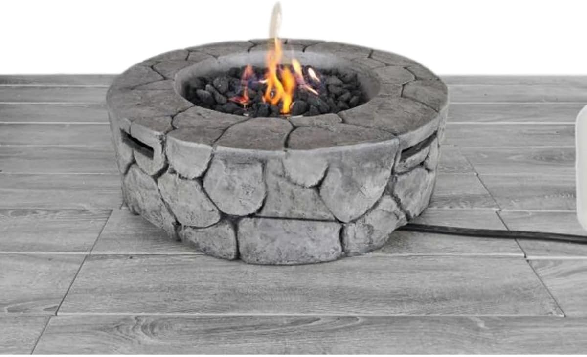Concrete Fire Pit Table Round Stone-Look Propane Outdoor Heater for Patio Smokeless Firepits for Outside with Lava Rocks Push-Button Ignition Backyard Deck Garden