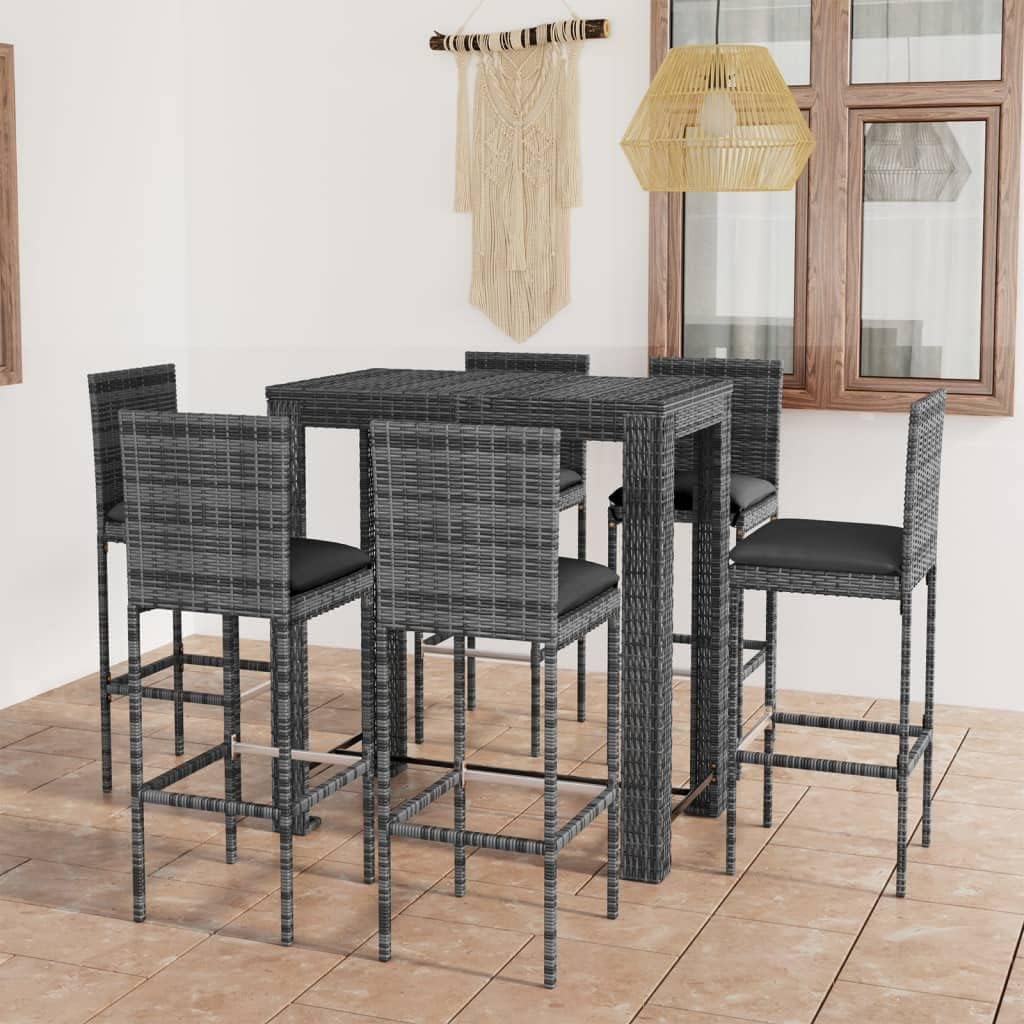 Furniture Sets 7 Piece Patio Bar Set with Cushions Poly Rattan Gray,Stylish Outdoor Bar Set with Comfortable PE Rattan Stools for Patio and Garden Garden Conversation Sets