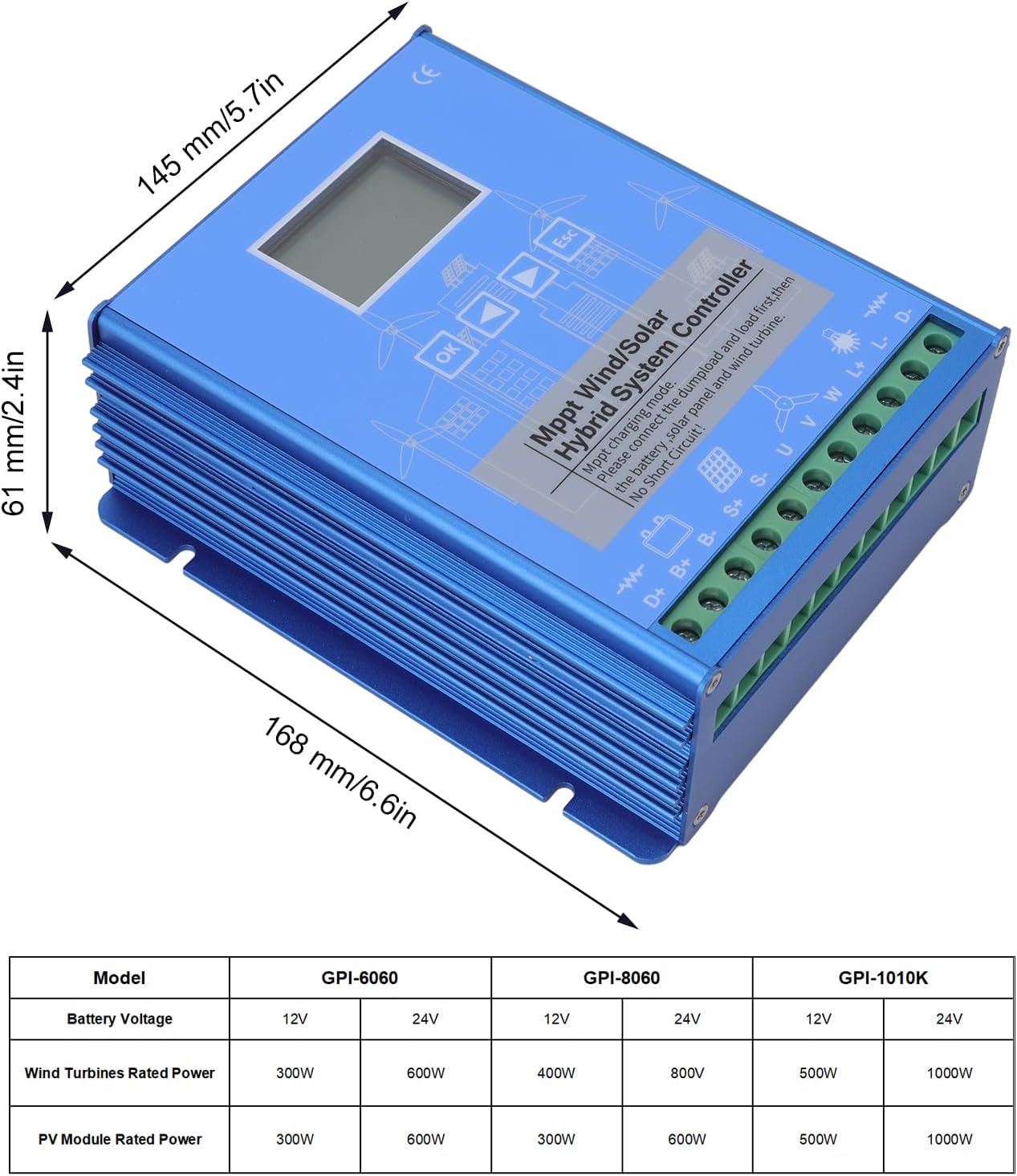 Garosa Wind Solar Hybrid Controller LCD Display MPPT Boost Charging Multifunctional 12V 24V Wind Solar Controller for Off Grid Power System Aluminum Heat Dissipation and Self Cooling