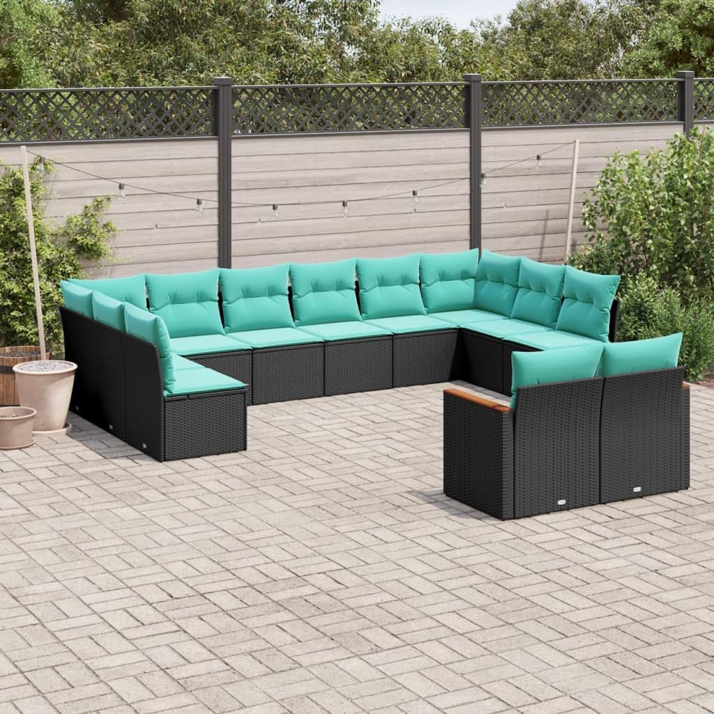 12-Piece Modular Patio Sofa Set, Black Synthetic Rattan, Blue Cushions, Outdoor Garden Furniture for 12 People, Durable Powder-Coated Steel Frame, Weather Resistant