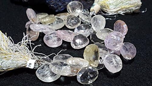Kunzite Multi Color Faceted Briolette Beads 8 In. Strand Pastel Pink, Yellow and Clear Crystal Heart Beads, Natural Spodumen, 11.7mm x 12.6mm To 12.3mm x 12.8mm