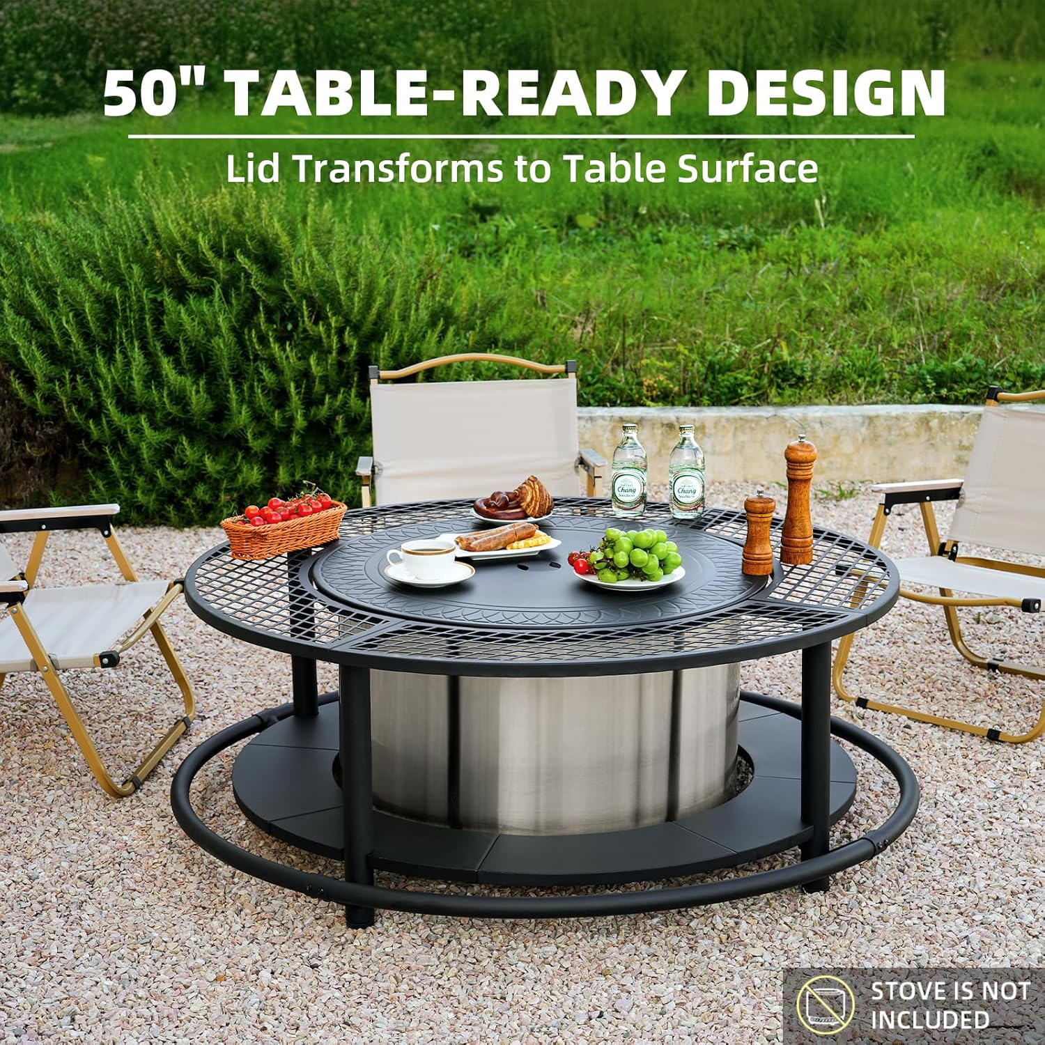 50 Inch Fire Pit Surround Tabletop for Smokeless Fire Pit, Outdoor Surround Table with 2 Grill Grates and Firewood Storage Shelf, Protective Barrier for Safety & Extra Space (Stove not Included)