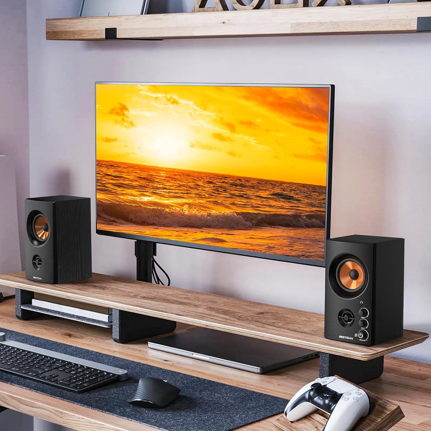 BESTISAN Active Bookshelf Speakers, 50W BT Home Speakers, 3’’ Woofer, 1’’ Silk Dome Tweeter PC Speakers, RCA Speakers for Desktop/Turntable/TV, Bass & Treble Adjustable, Headphone Port for Gaming