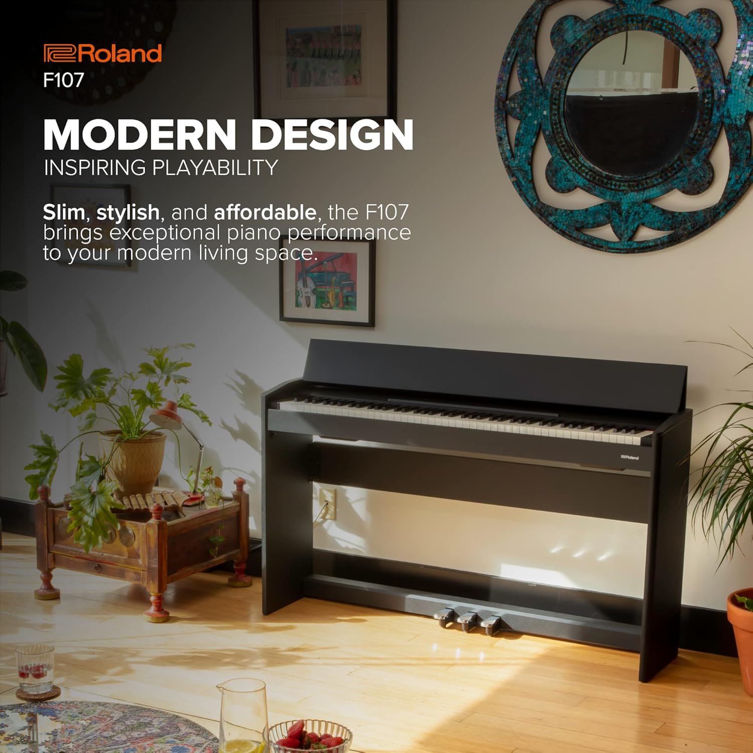 Roland F107 Digital Piano | Streamlined and Affordable Home Piano with Attractive Modern Design | Perfect for Beginners | Class-Leading Sound and Playability | Onboard Bluetooth® & More