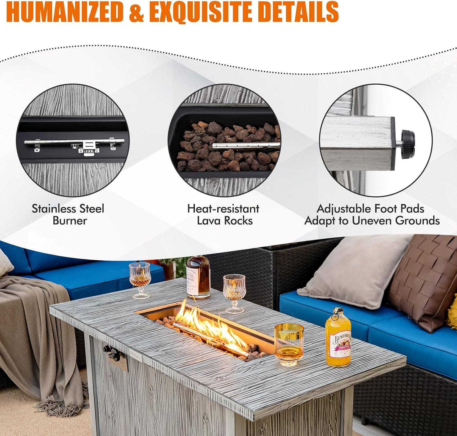 Tangkula 43 Inch Propane Fire Pit Table, Patiojoy 50,000 BTU Outdoor Gas Fire Table w/Wood Grain Tabletop, Hideaway Tank Storage, Lava Rocks, Rectangular Propane Firepit w/Waterproof Cover