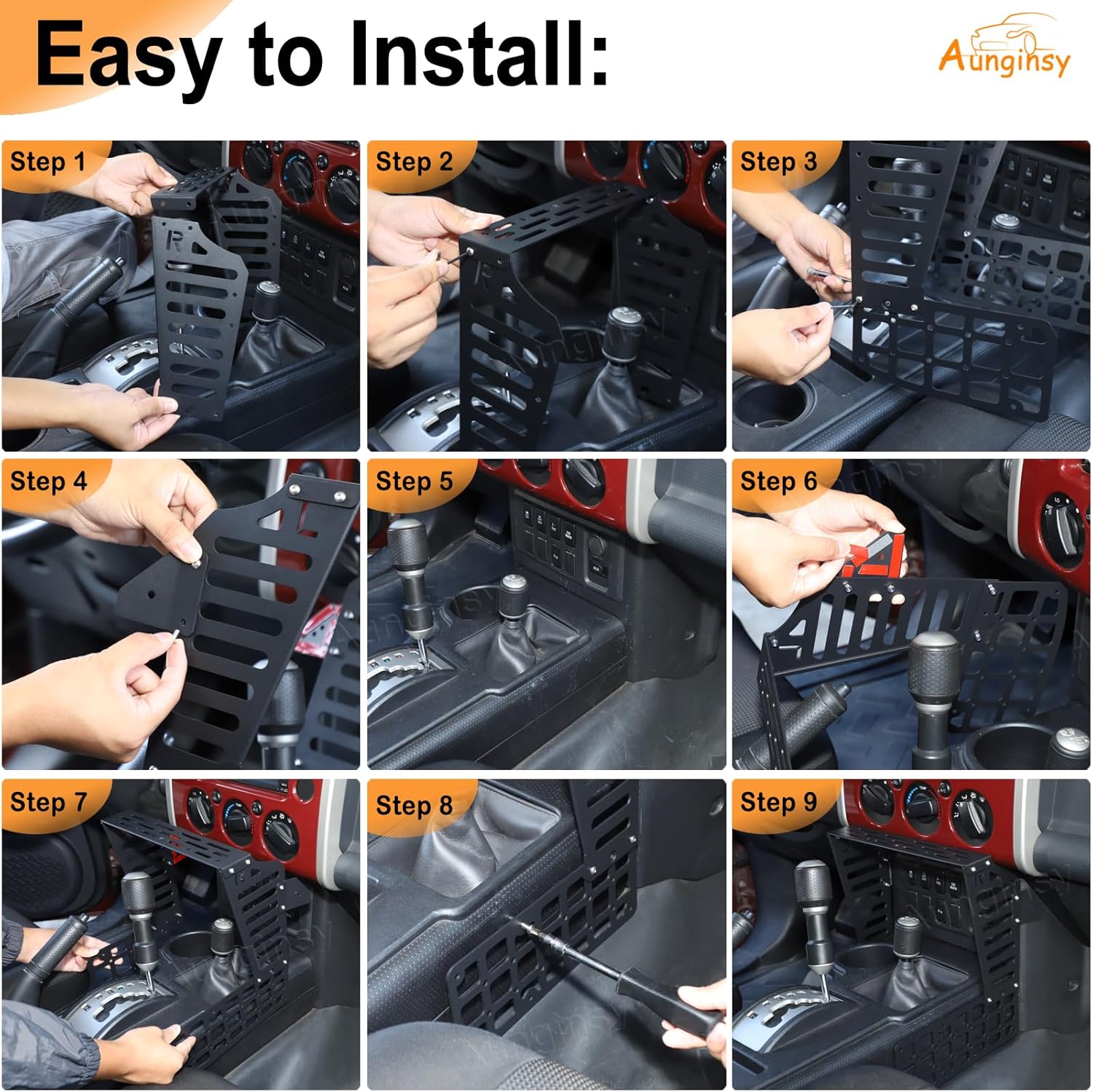 Aunginsy Center Console Modular Storage Baffle Compatible with Toyota FJ Cruiser 2007-2021, Car Aluminum Gear Shift Box Storage Molle Panel Mobile Phone Based Walkie Bracket Expansion Accessories