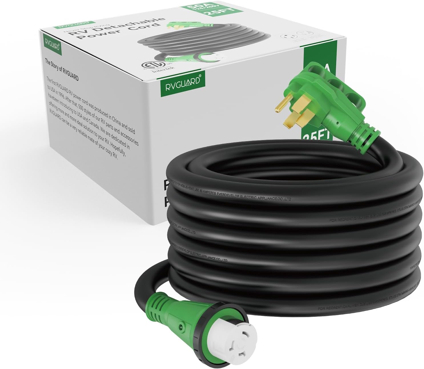 RVGUARD 50 Amp 25 Foot RV Power Cord, 14-50P to SS2-50R Generator Extension Cord, Heavy Duty STW Cord with LED Power Indicator and Cord Organizer, Green, ETL Listed