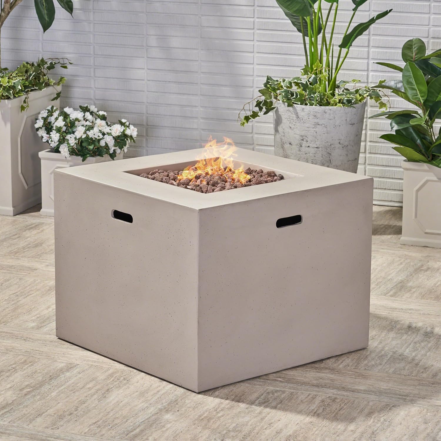 31 Inches Square Fire Pit, 40,000 Btu Outdoor Propane Fire Table, Modern Light Grey Design, Patio, Deck, Backyard Gatherings (1 Doors)