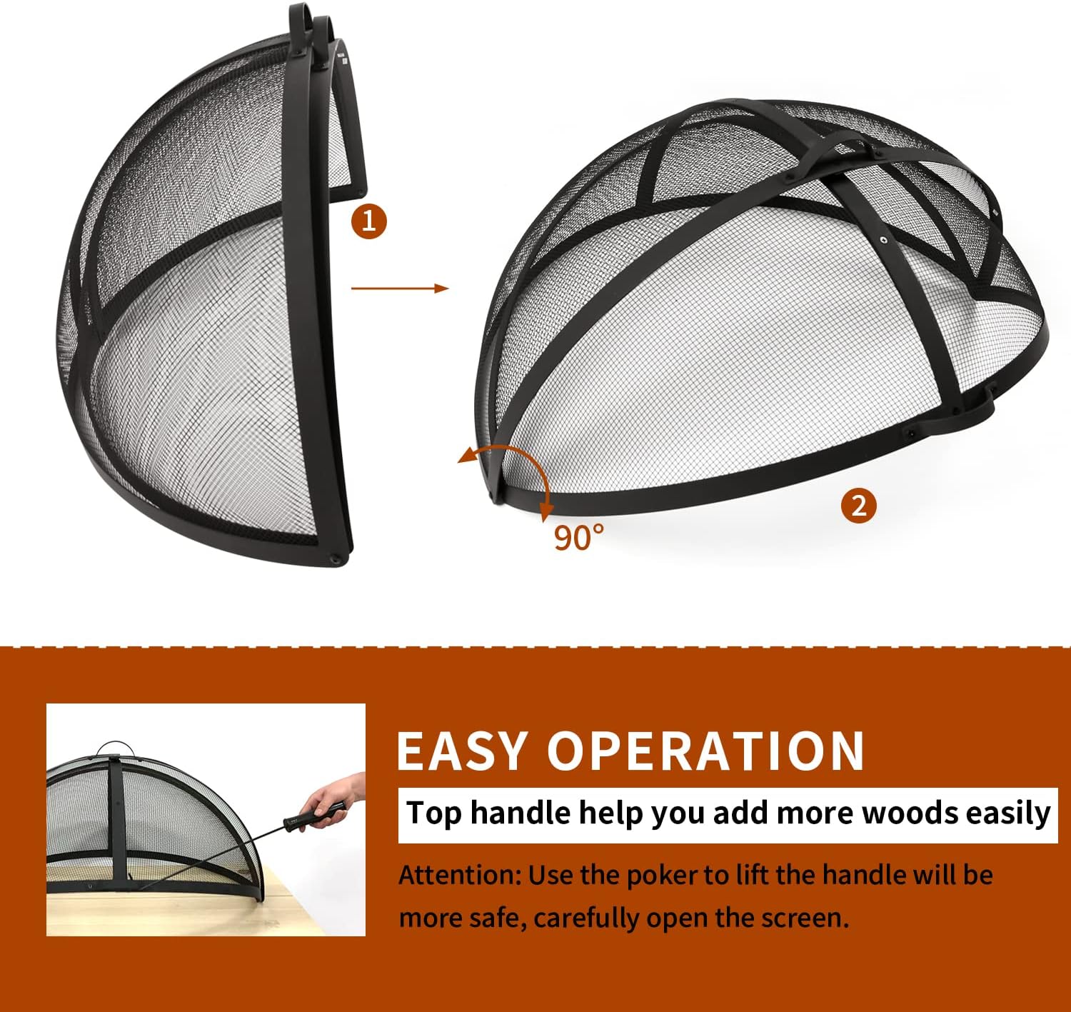 WeCooper Heavy-Duty Fire Pit Spark Screen, 40In Round Steel Mesh Screen Guard, Easy-Opening Firepit Ember Arrester with Handle