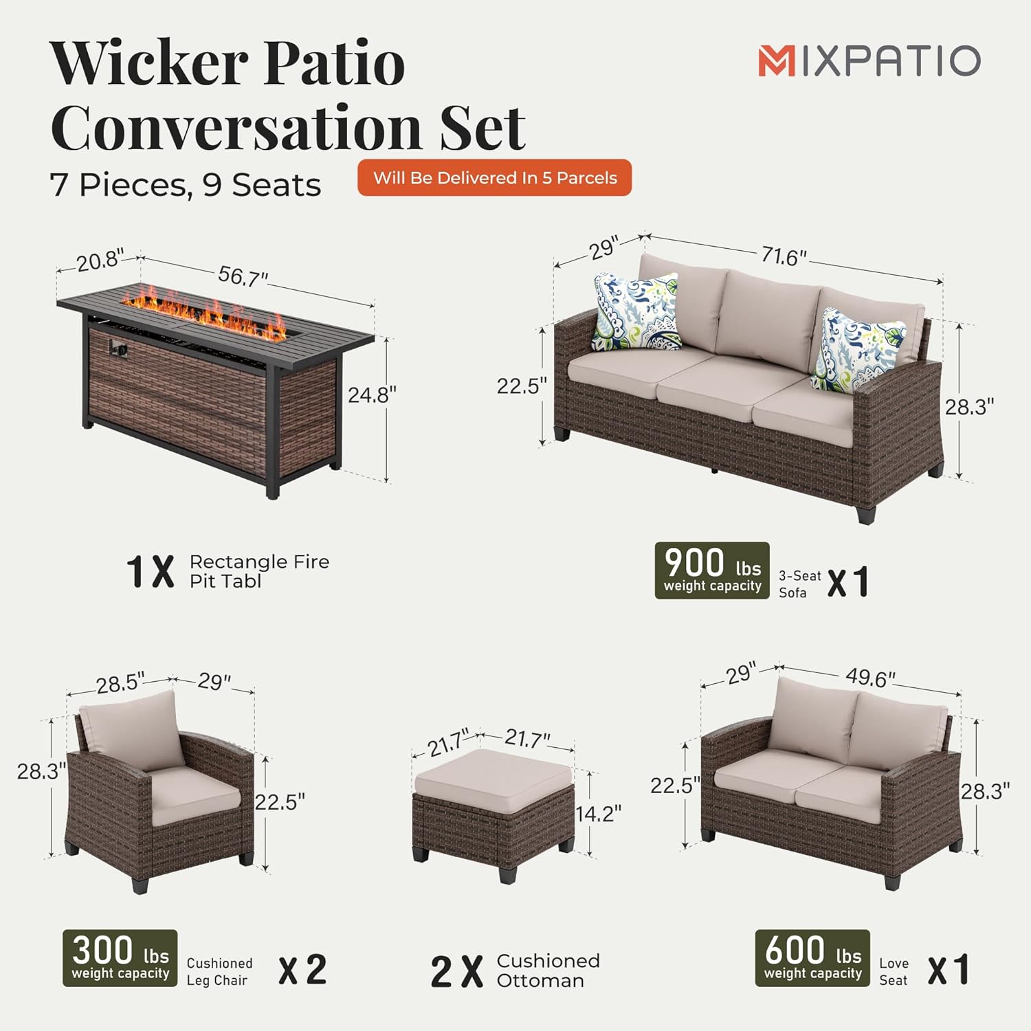 Patio Furniture Set, 7 Pcs Wicker Outdoor Conversation Set, 2 x Leg Chairs, 1 x 3 Seater Sofa, 1 x 2-Seat Lover Sofa and 2 x Ottomans with 4