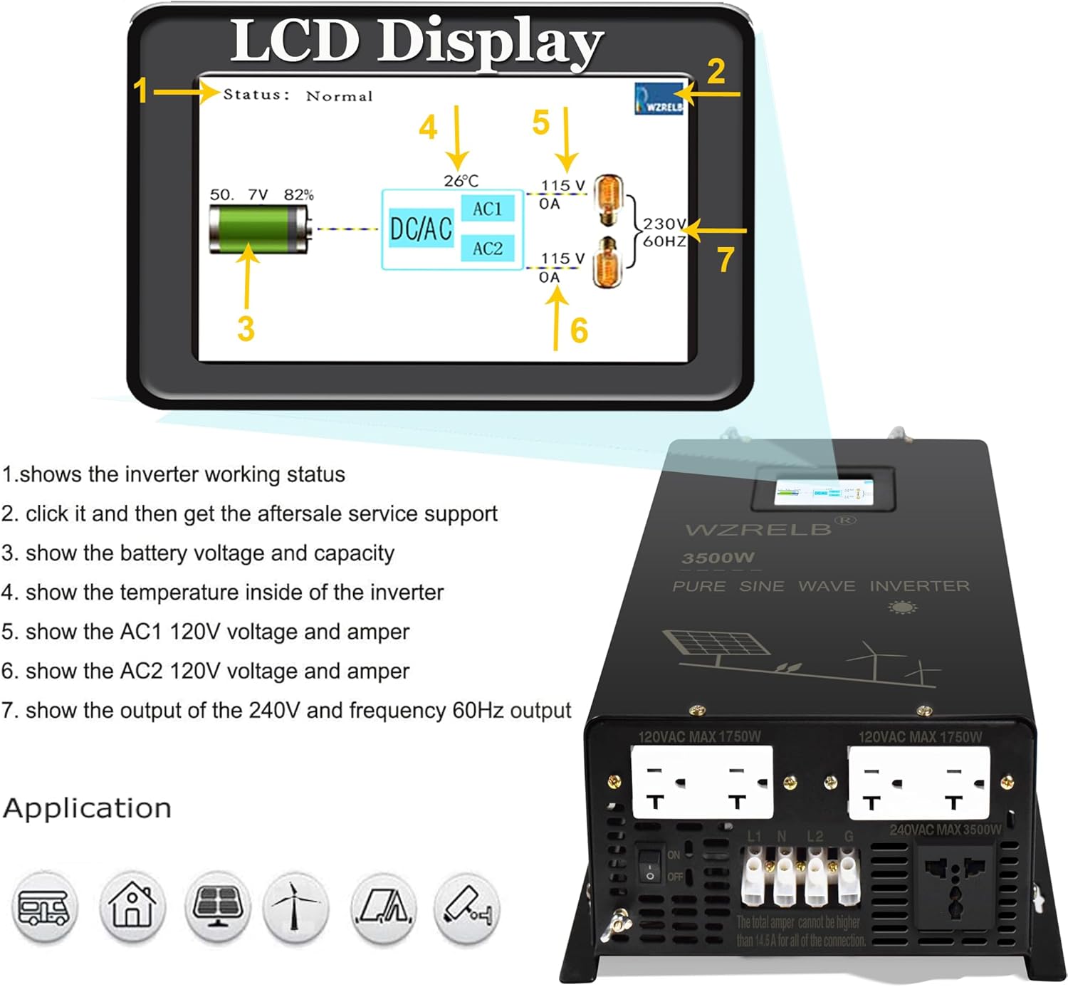 WZRELB 3500W 48V Pure Sine Wave Inverter,48 Volt DC to AC 120V 240V Split Phase Power Inverter,7KW Surge,5 AC Outlets,AC Hardwire Terminal,High Efficiency up to 91.6%,Wireless Remote, Black