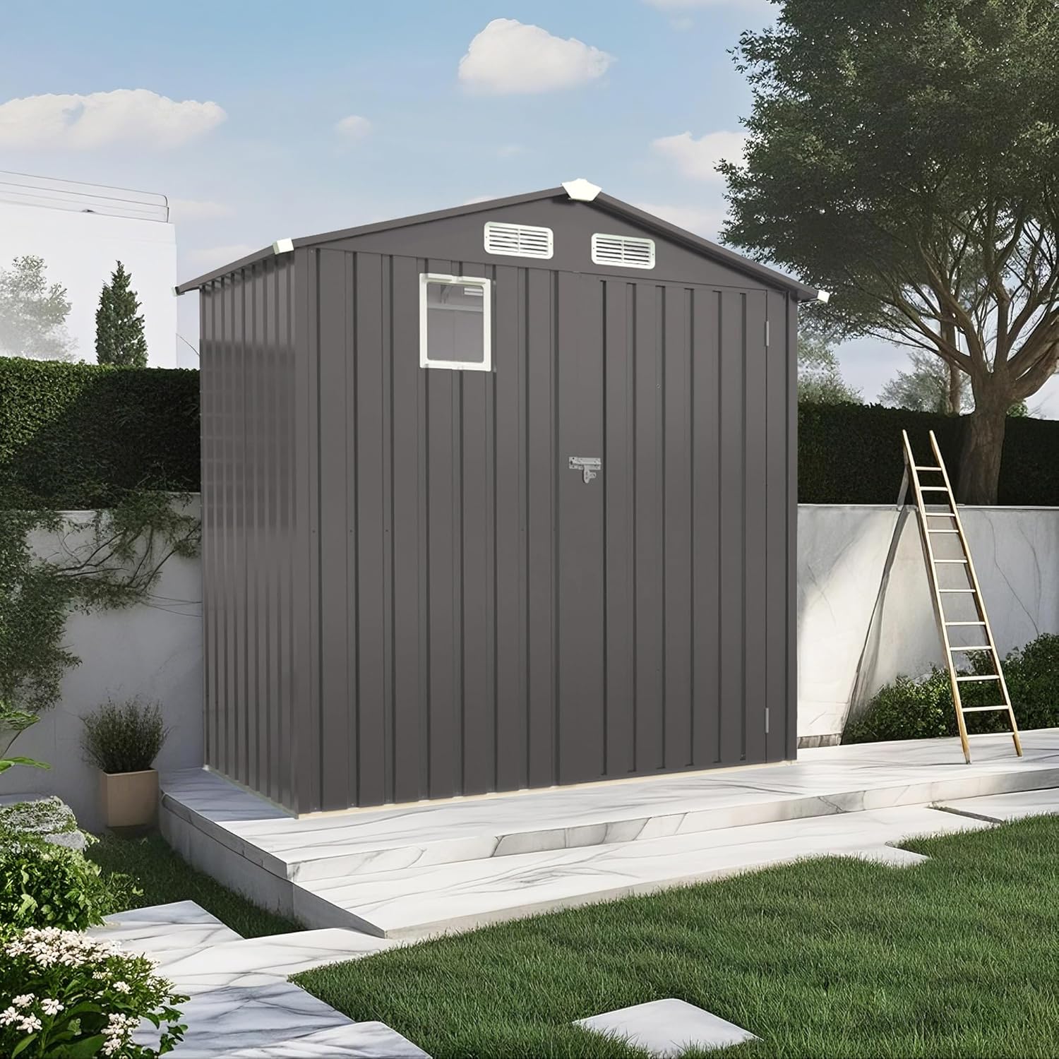 Outdoor Metal Storage Shed, 6x3.6 FT Tool Shed with Window, Vents and Lockable Door, Waterproof Sloping Roof Outdoor Sheds for Garden, Backyard, Patio, Bike, Sundries, Gray