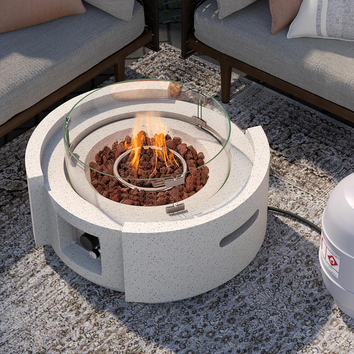 SUNBURY Outdoor Propane Fire Pit Table, 28 Inch Patio Gas Fire Table 50,000 BTU Modern Concrete Fire Pit for Outside in Spotted White w Glass Wind Guard, Lava Rocks