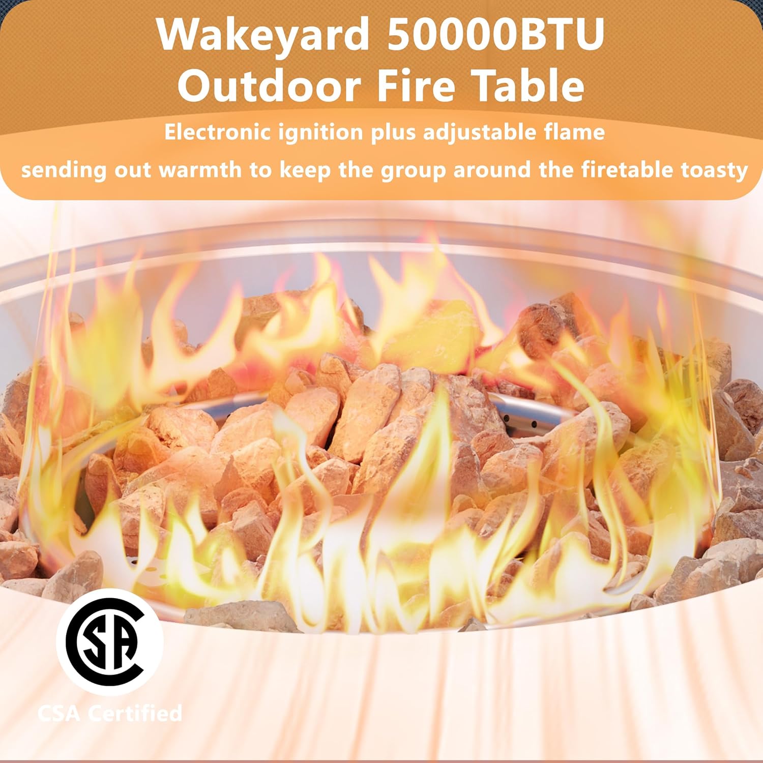 32 inch Round Propane Fire Table, 50,000 BTU Gas FirePit, Patio Fire Pit Table with Steel Lid, Rain Cover, 10ft Propane Hose, Lava Rocks, White