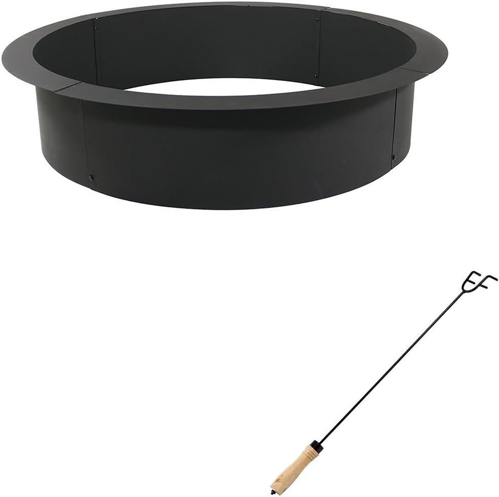 Sunnydaze 45-Inch Diameter 2mm Thick Steel Fire Pit Ring Insert and 26-Inch Steel Fire Pit Poker Stick with Wood Handle