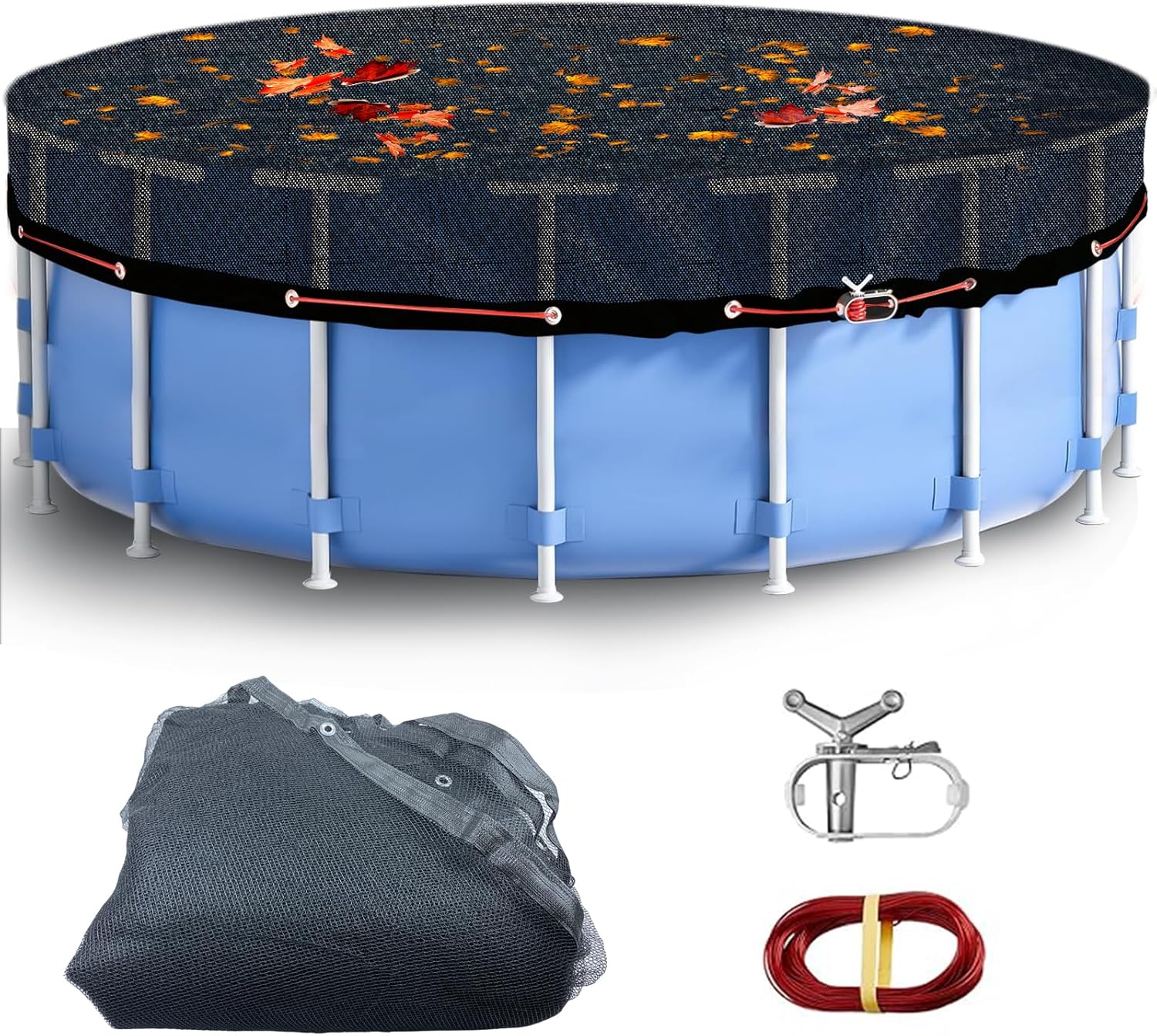 28 Ft Round Leaf Cover for Above Ground Pool, Durable Black Mesh Swimming Pool Leaf Net Cover with Winch & Cable for Leaves and Debris for 24 Ft Round Pools (Black, 24 Ft)