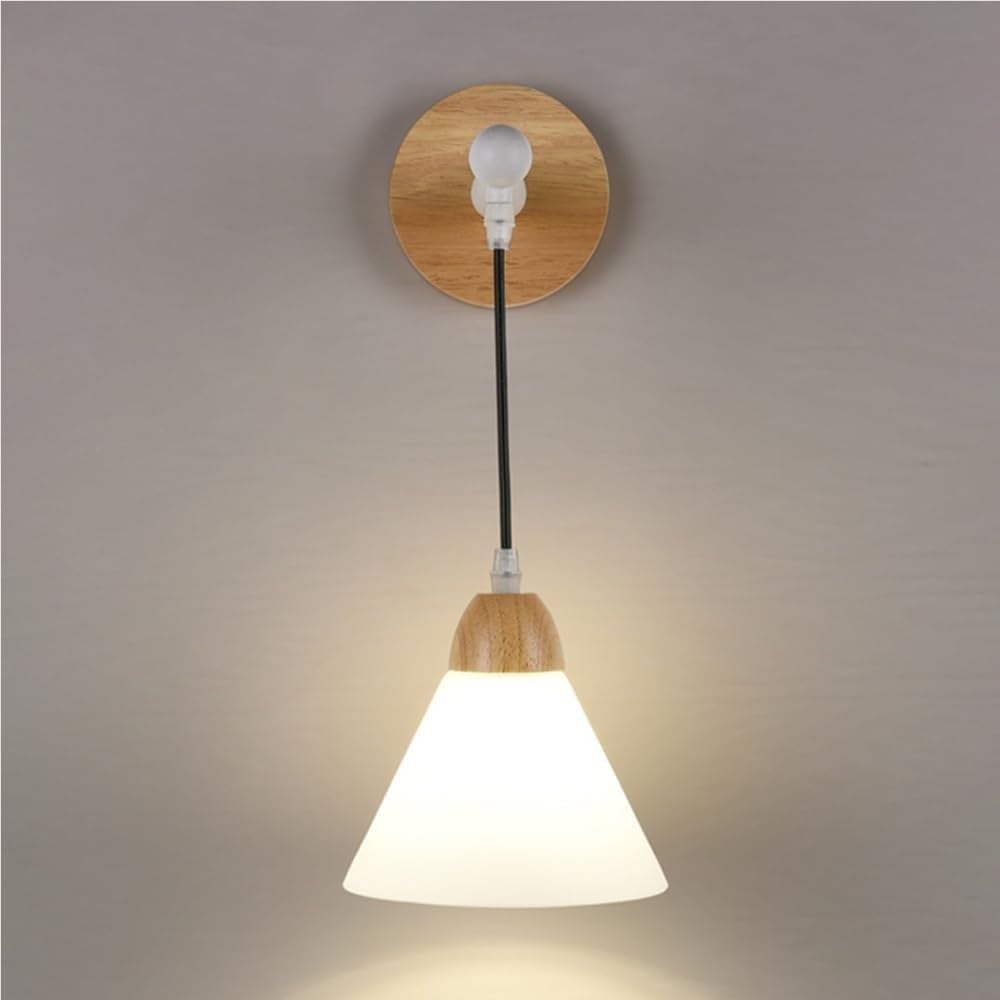 Vintage Adjustable Hanging Wire Glass Wall Sconce Solid Wood E27 Socket Retro Lighting Fixture for Bedroom Bedside Living Room Rustic Home Decor Ambient Lamp(Natural)