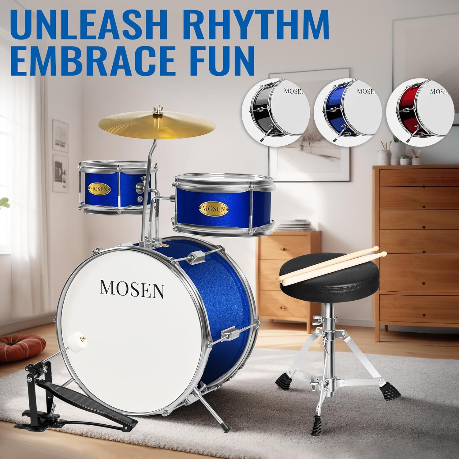 MOSEN Drum Set 3-Piece Beginner Drum Set Junior Drum Kit with Adjustable Throne, Cymbal, Pedal & Drumsticks Drums with Bass Tom Snare Drum - Blue