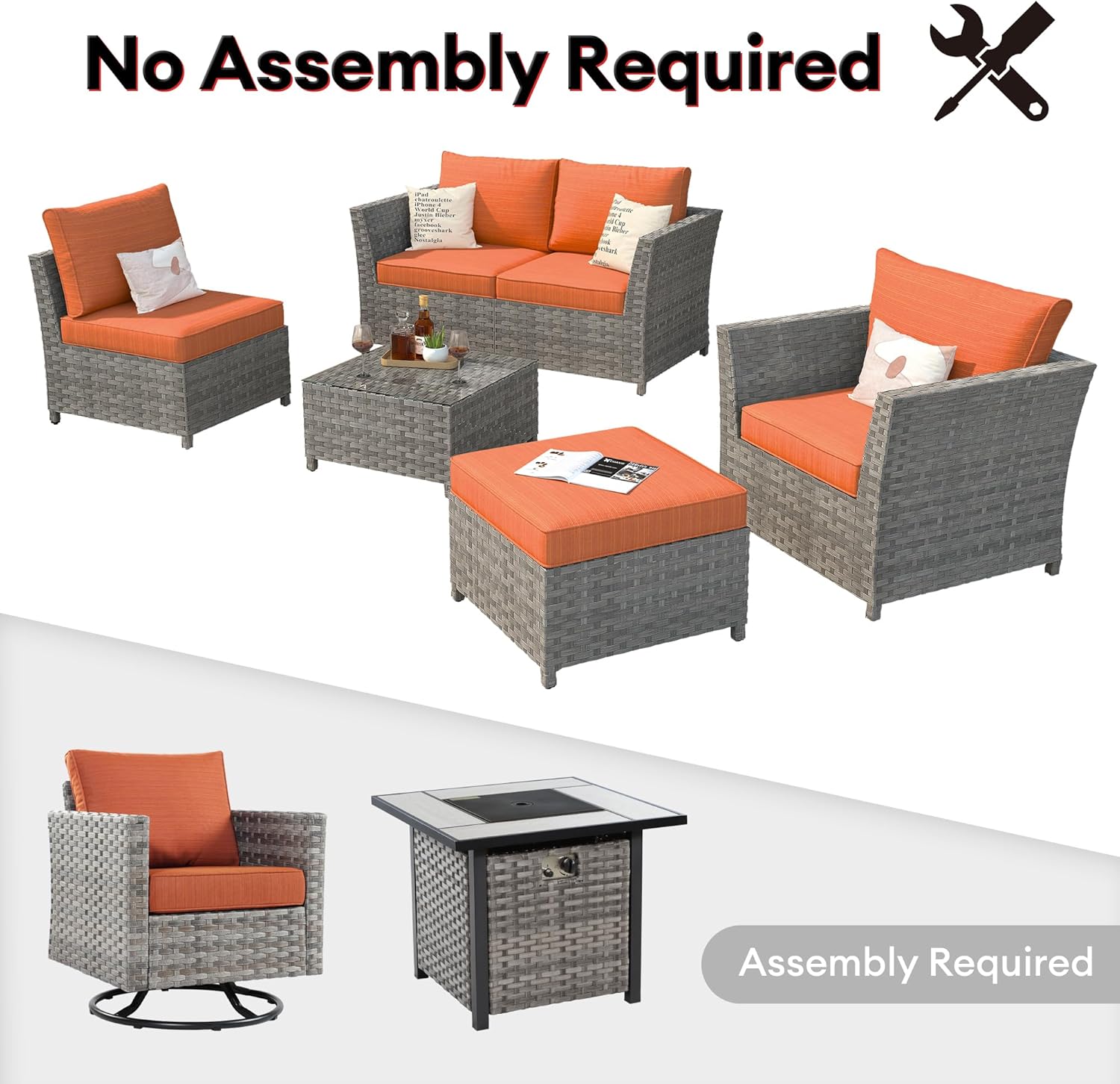 8 Pieces Patio Sectional Conversation Sofa Set, Wicker Outdoor Furniture Set with Swivel Rocker Chair and Square Fire Pit Table (Orange Red)