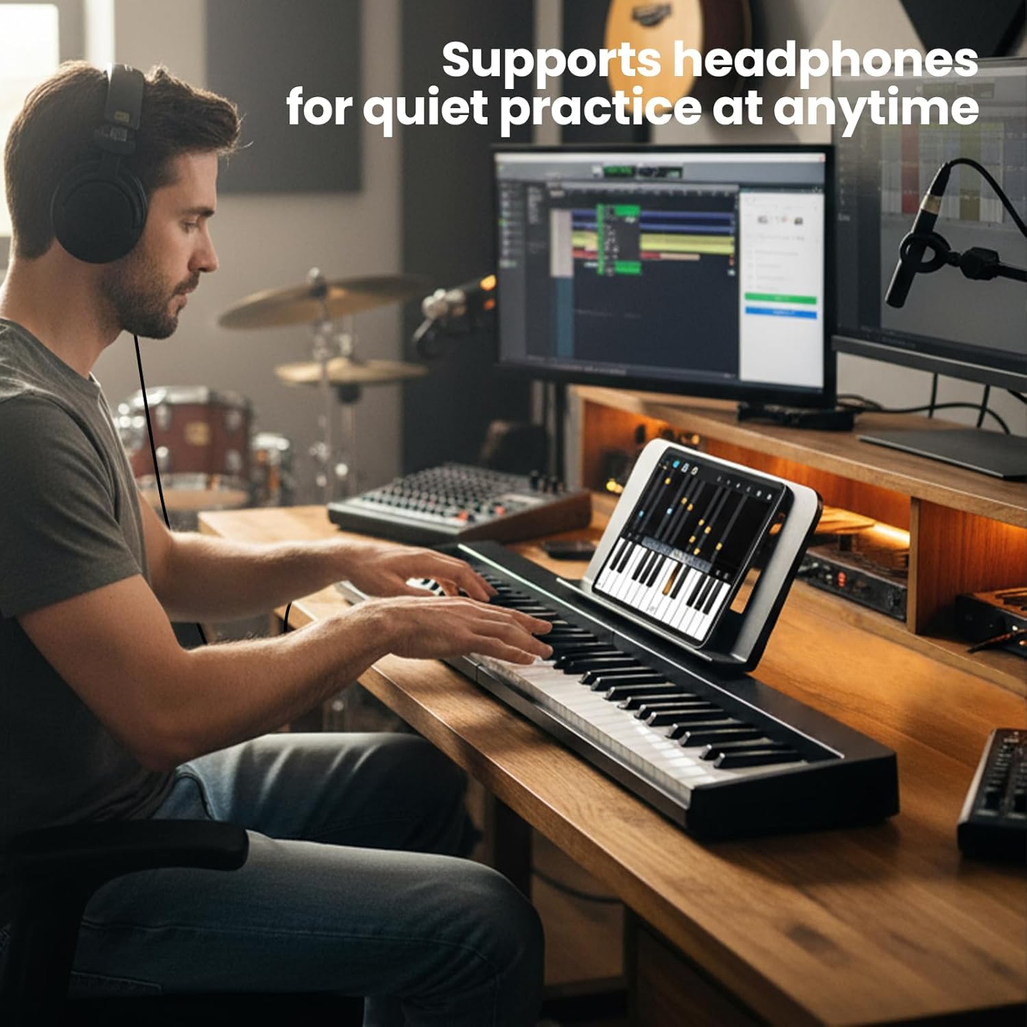 HONEY JOY 61 Key Keyboard Piano, Folding Digital Music Keyboard w/MIDI, Sustain Pedal, 128 Tones, 128 Rhythms, Microphone, Carrying Case, Music Stand, Portable Electric Piano for Beginners, Black