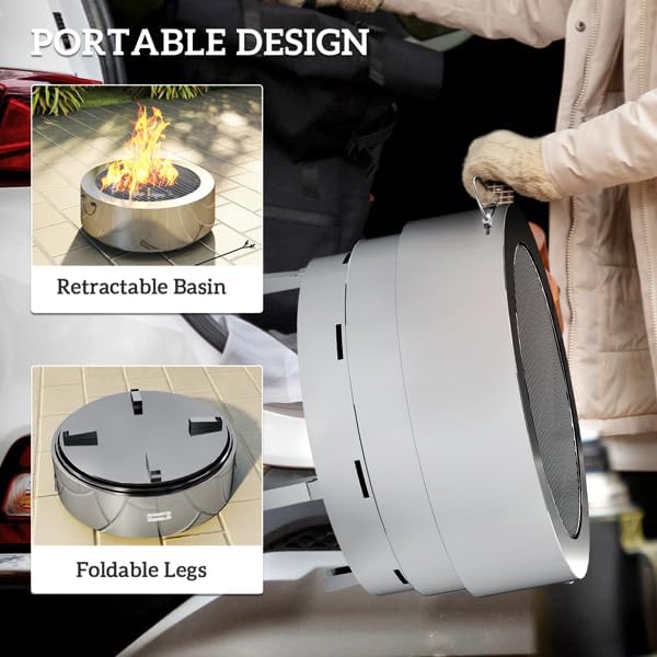 2-in-1 Stainless Steel Fire Pit Table with Grill, Portable Outdoor Fire Pit with Foldable Legs & Retractable Basin, Outdoor Heater Fire Bowl with Poker for Patio, Backyard, Camping, Silver Tone