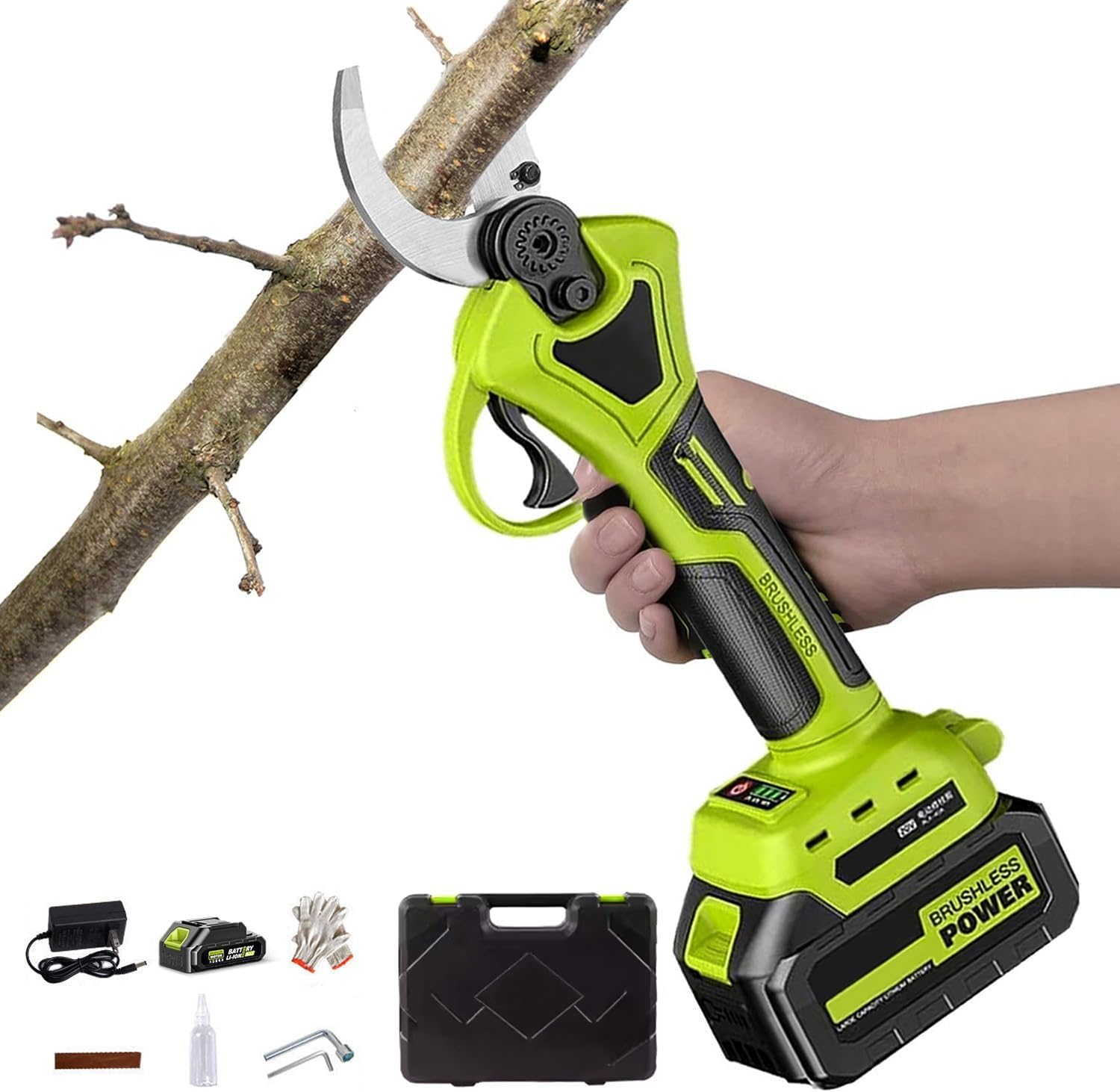 Upgraded Cordless Tree Branch Cutter with LED Display & SK5 Blades, Adjustable Cutting Diameter 12-50mm, Brushless Electric Pruning Shears for Gardening Tree Pruning(1 Batteries+Toolcase)