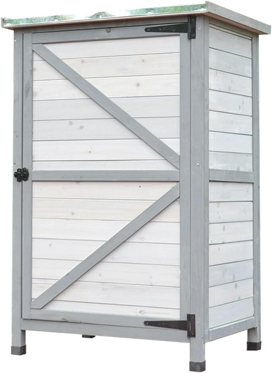 Wooden Outdoor Storage Cabinet with Doors Thickened Galvanized Roof Outdoor Storage Box with Lock Resin Foot Pads Waterproof Garden Storage(Multi-Colored)