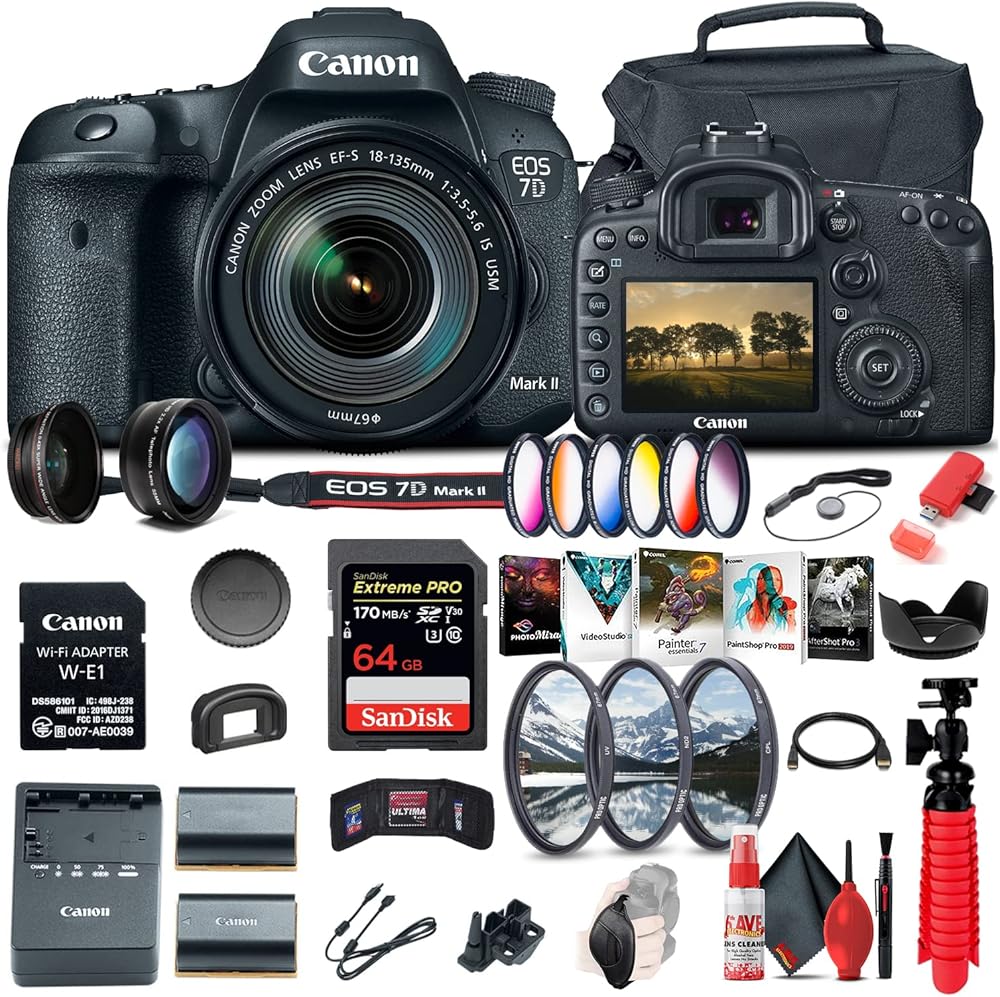 Canon EOS 7D Mark II DSLR Camera with 18-135mm f/3.5-5.6 is USM Lens & W-E1 Wi-Fi Adapter (9128B135) + 64GB Memory Card + Color Filter Kit + Case + Filter + Photo Software + More (Renewed)