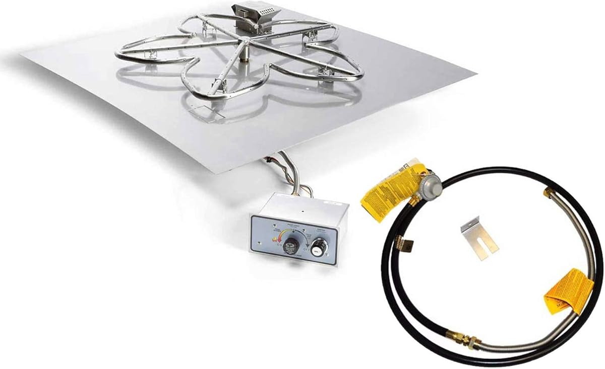 HPC Fire UL Listed Push Button Flame Sensing Gas Fire Pit Kit for Small Tanks, 24x24-Inch Flat Pan (FPPK24-SQ-FLEX-LP-ST), Propane