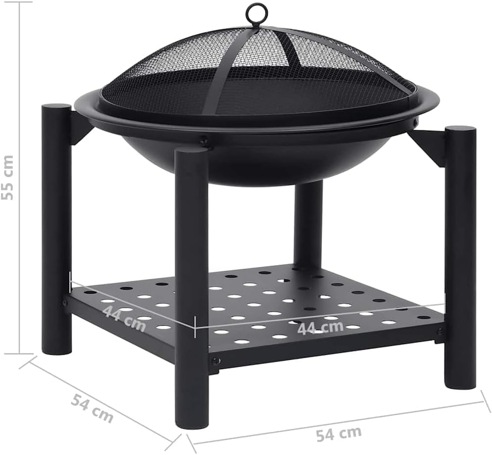 vidaXL Steel Fire Pit - Decorative Outdoor Patio, Garden Heating System with Bonus Poker, Enhanced Safety Features, Additional Storage Shelf, Scandinavian Style