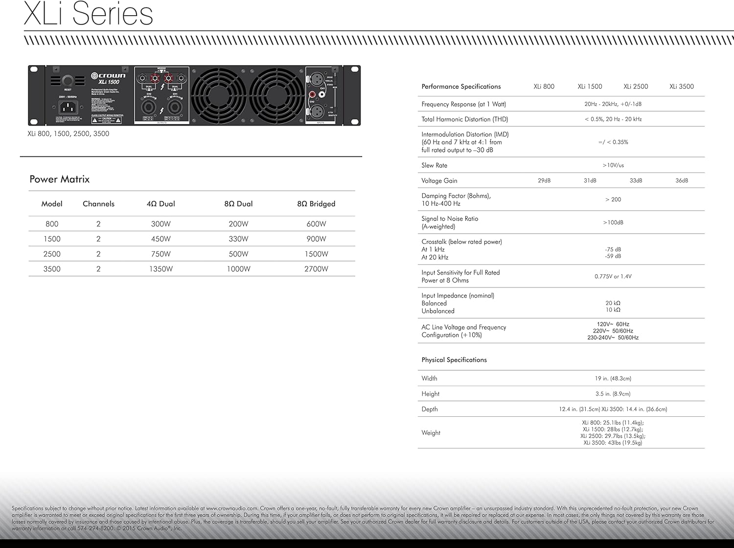 Crown XLi800 Two-channel, 600-Watt Bridged 8Ω Power Amplifier. Professional DJ, PA, Stage Amp. Black